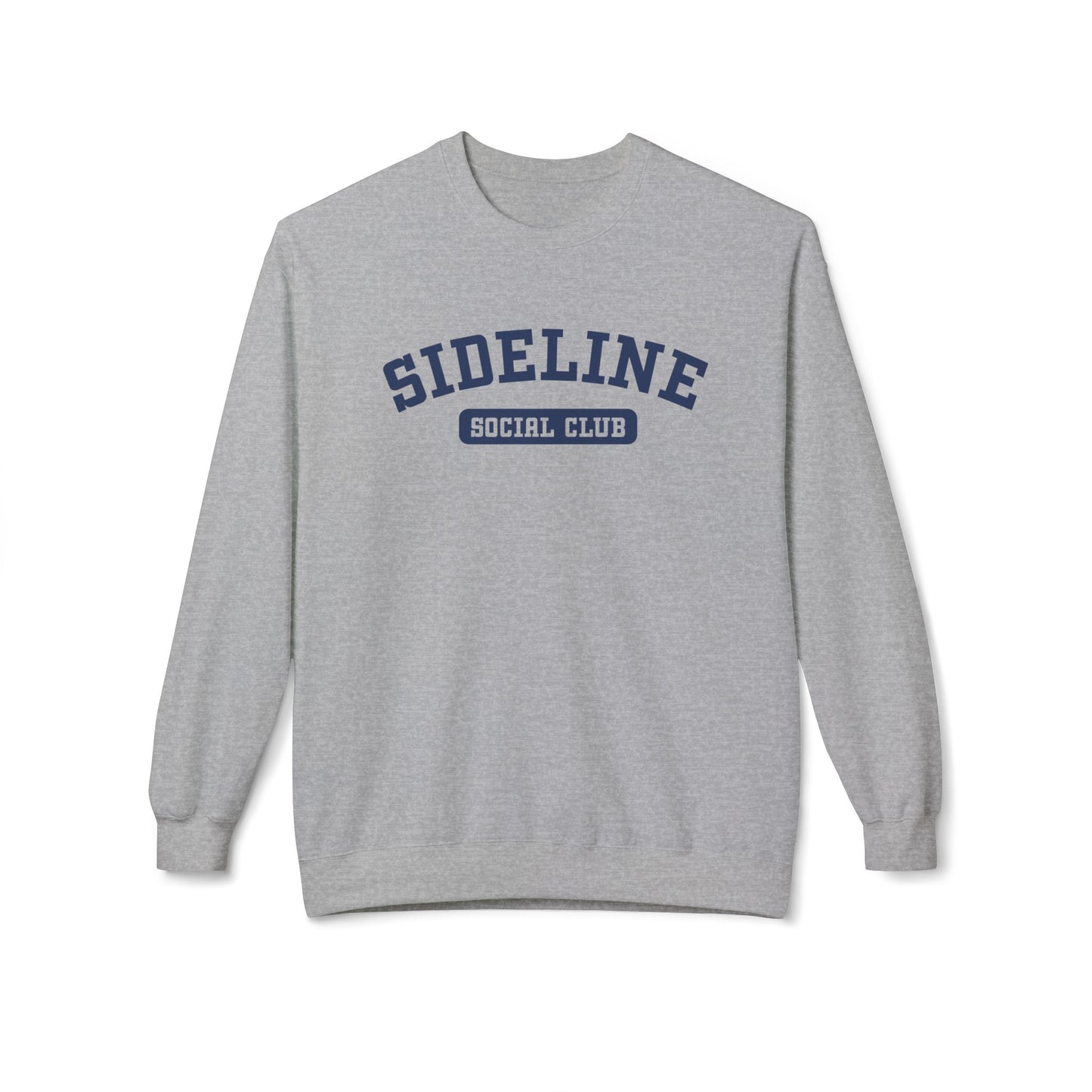 A sport grey crewneck sweatshirt with 'SIDELINE SOCIAL CLUB' printed in navy blue on the chest, displayed against a clean white background.