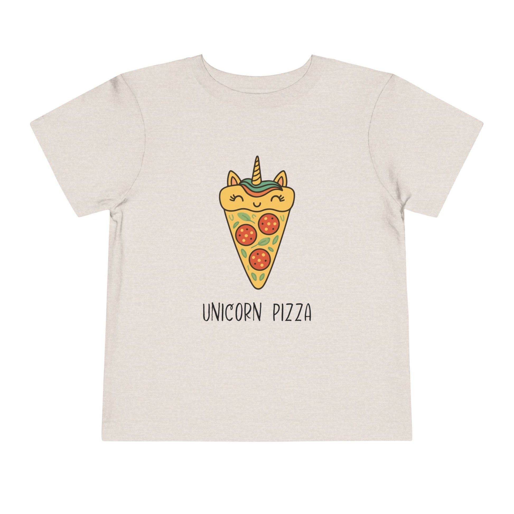 Beige t-shirt with a unicorn pizza design on a white background