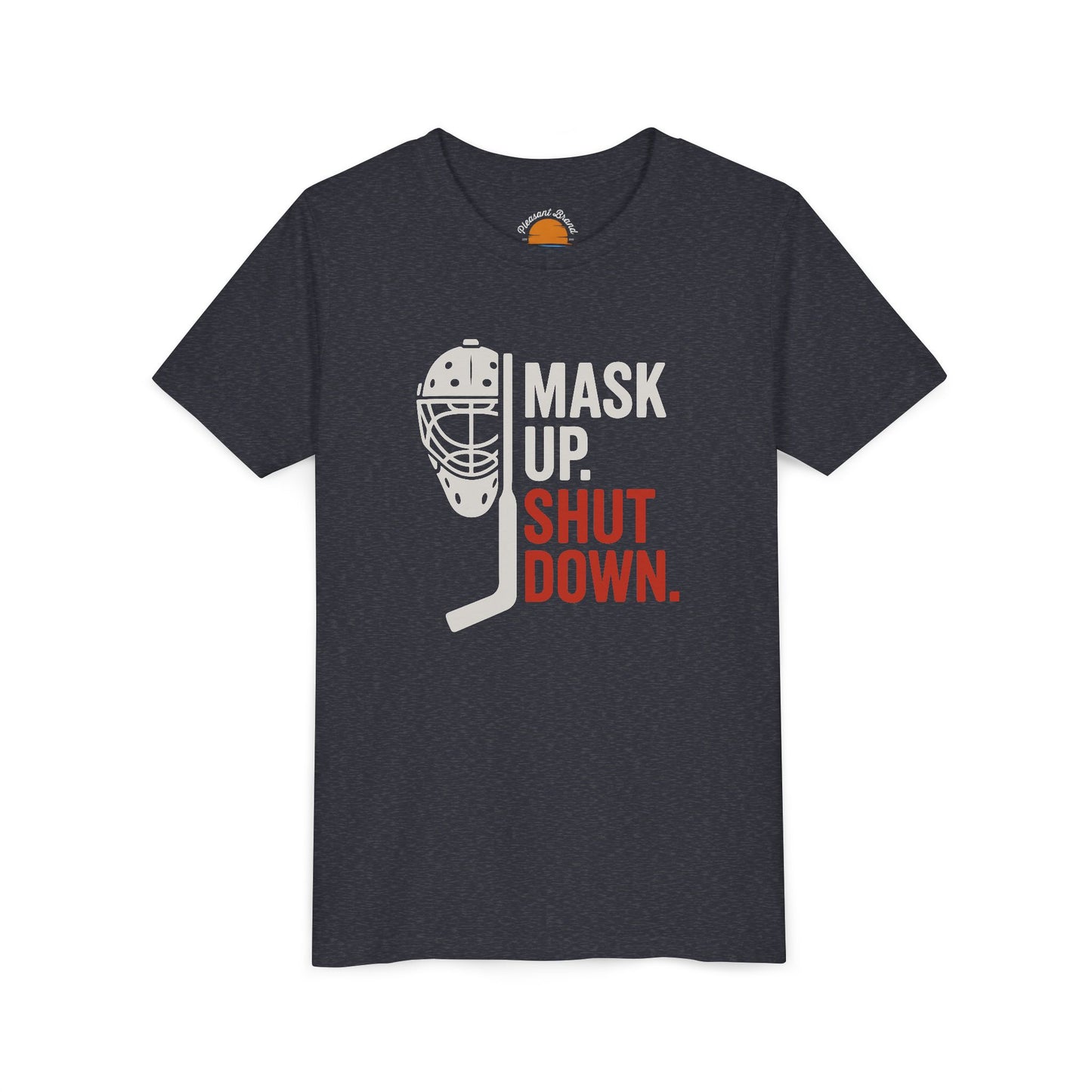 Heather navy t-shirt with hockey helmet graphic and text 'MASK UP. SHUT DOWN.' on a white background