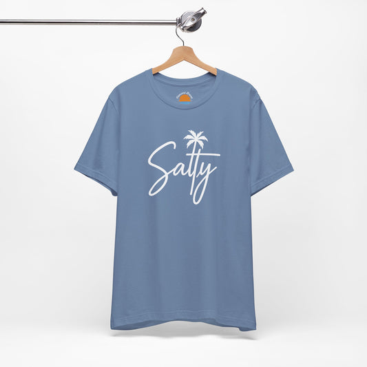 Blue t-shirt with 'Salty' and a palm tree graphic on a hanger against a white background