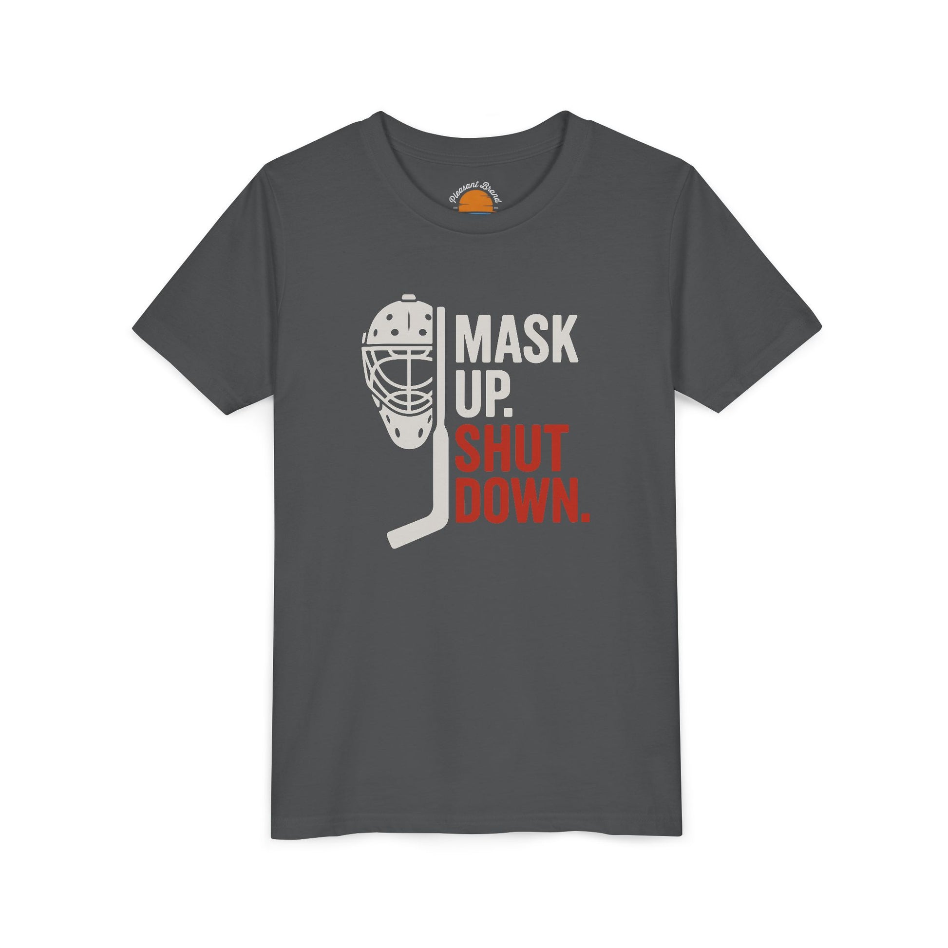 Asphalt t-shirt with a graphic of a hockey mask and text 'MASK UP. SHUT DOWN.' on a white background