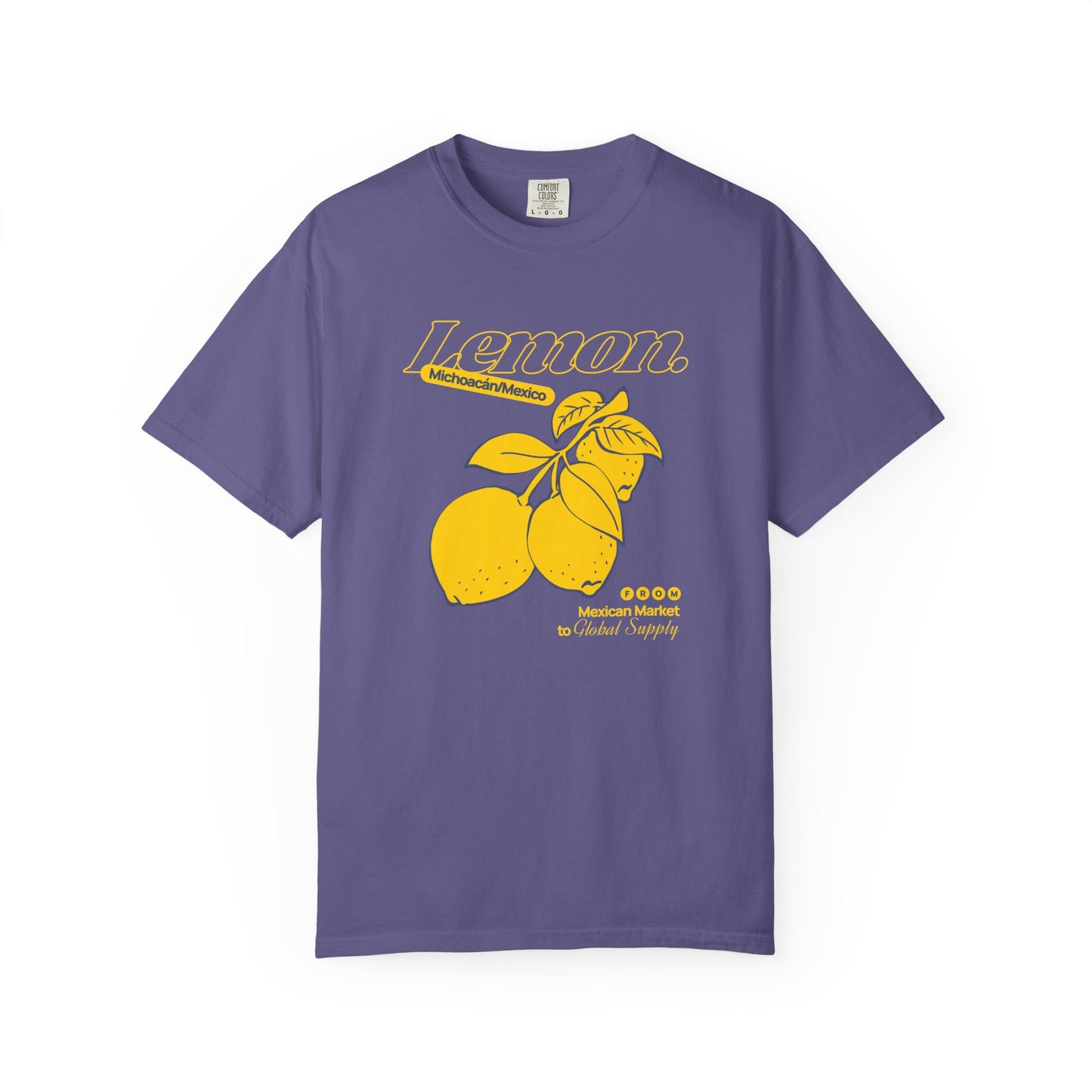 Purple t-shirt with yellow lemon graphic and text on a white background