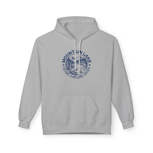 A light gray pullover hoodie with a blue circular 'Mountain Lake Escape-Explore Enjoy' graphic printed on the chest, displayed against a plain white background.