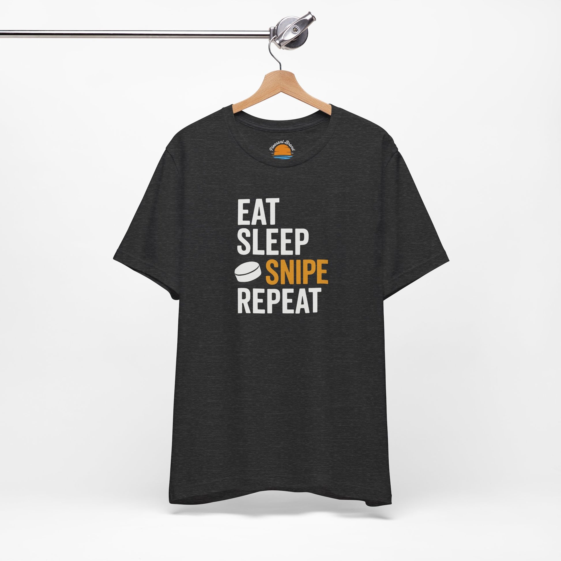 Dark grey heather t-shirt with 'Eat Sleep Snipe Repeat' text on a hanger against a white background