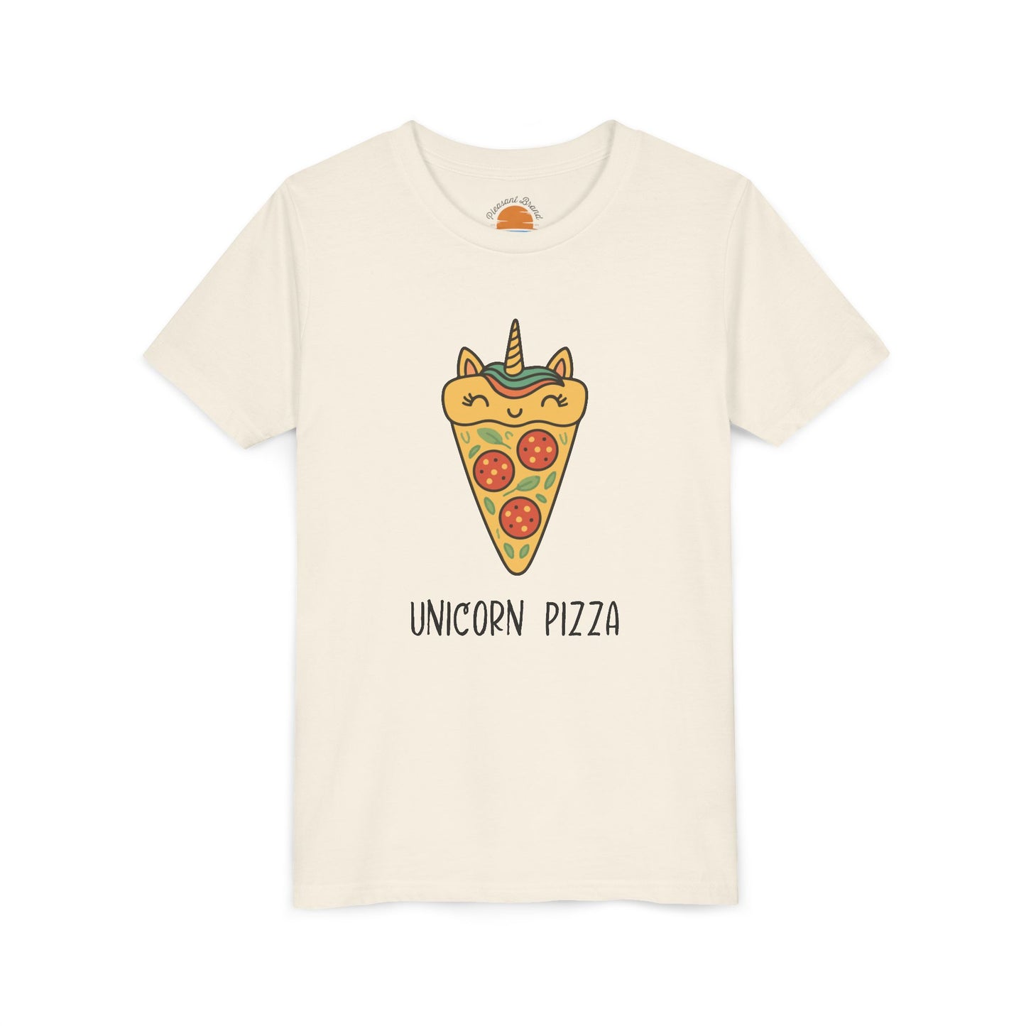 Beige t-shirt with a unicorn pizza design on a white background