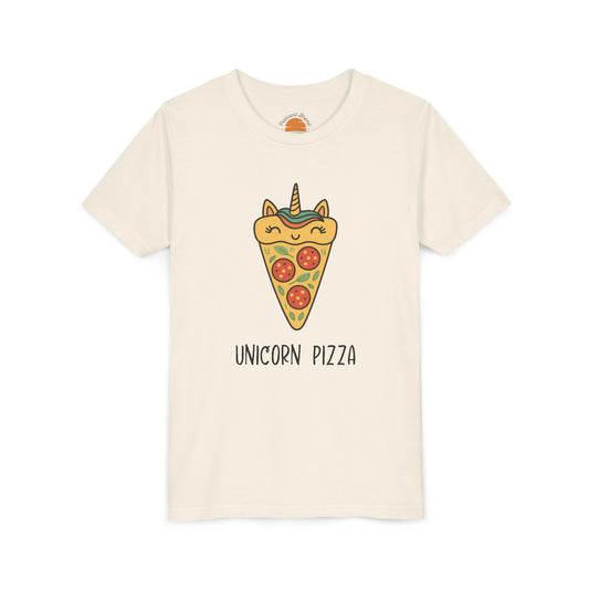 Beige t-shirt with a unicorn pizza design on a white background