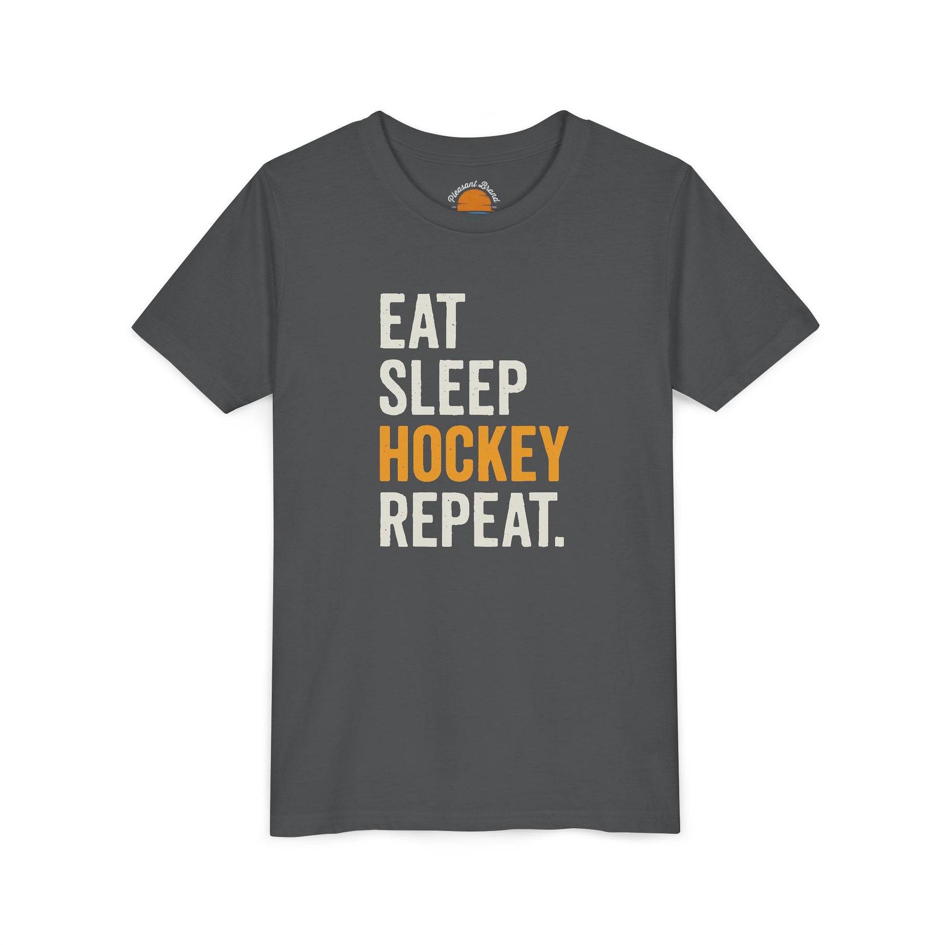 Asphalt t-shirt with 'Eat Sleep Hockey Repeat' text on a white background