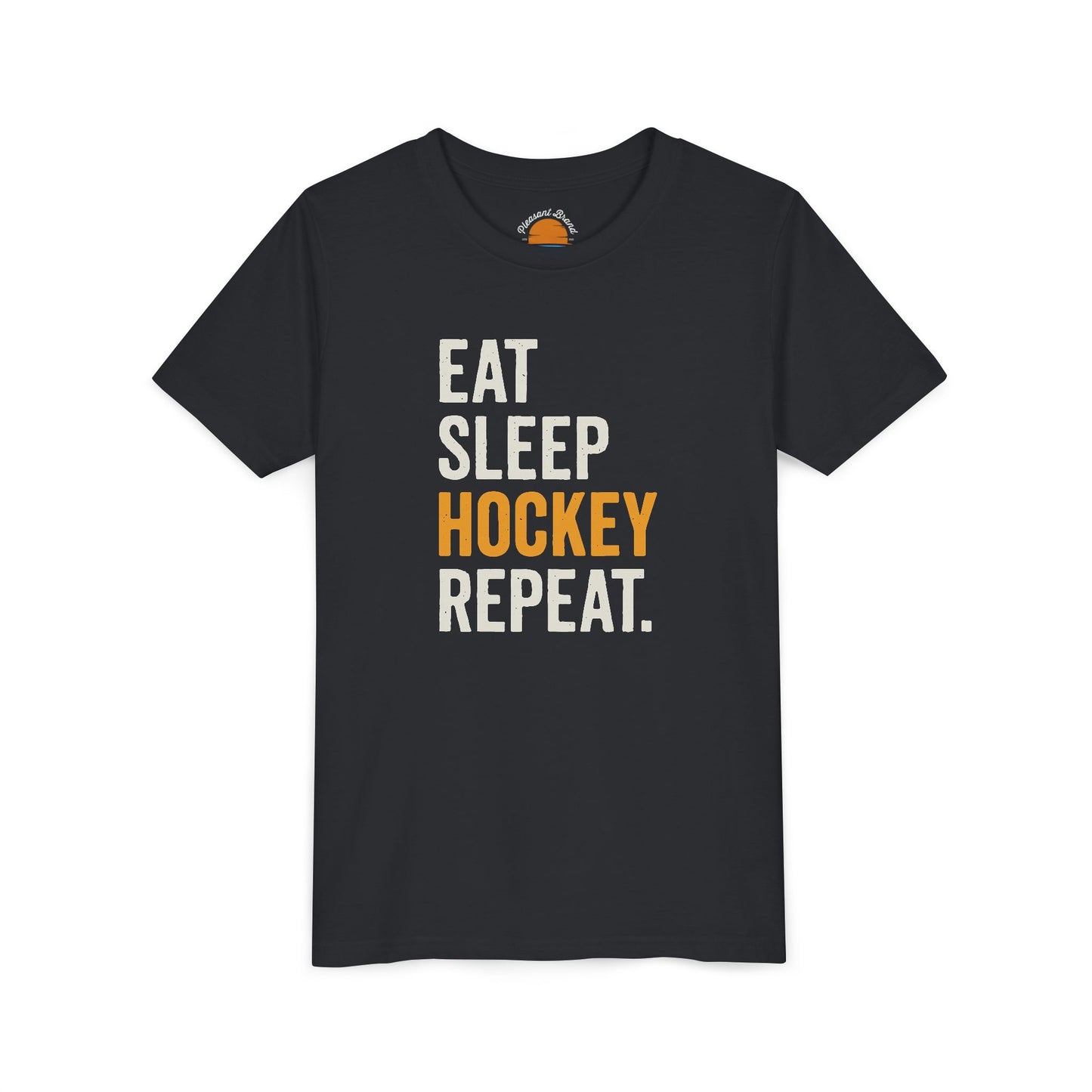 Vintage black t-shirt with 'Eat Sleep Hockey Repeat' text on a white background