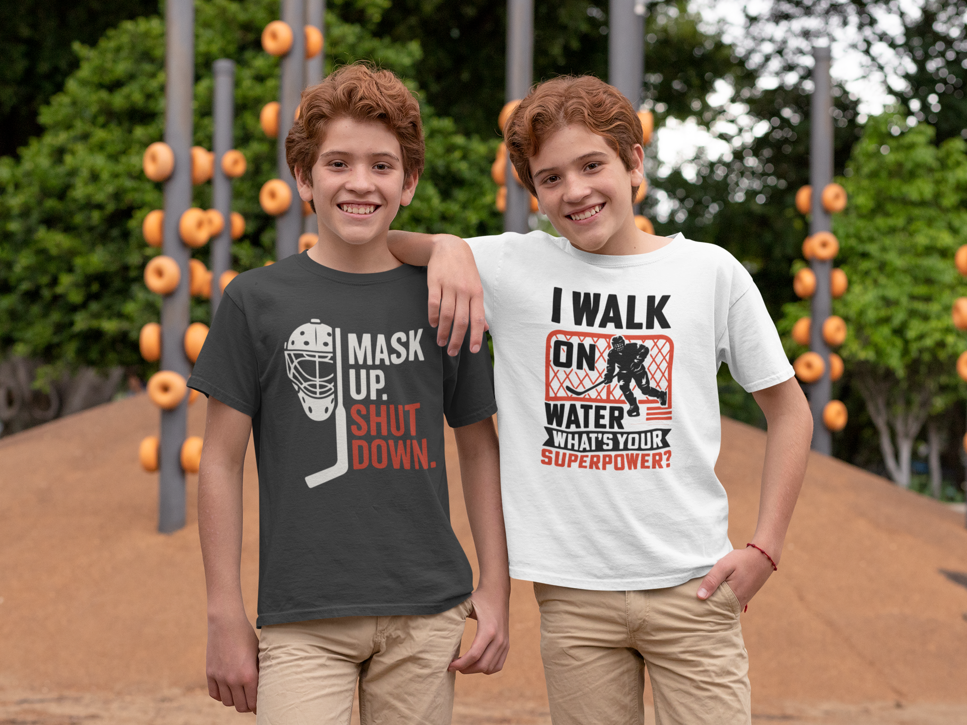 Happy boys in hockey-themed youth t-shirts showing different hockey superpowers together