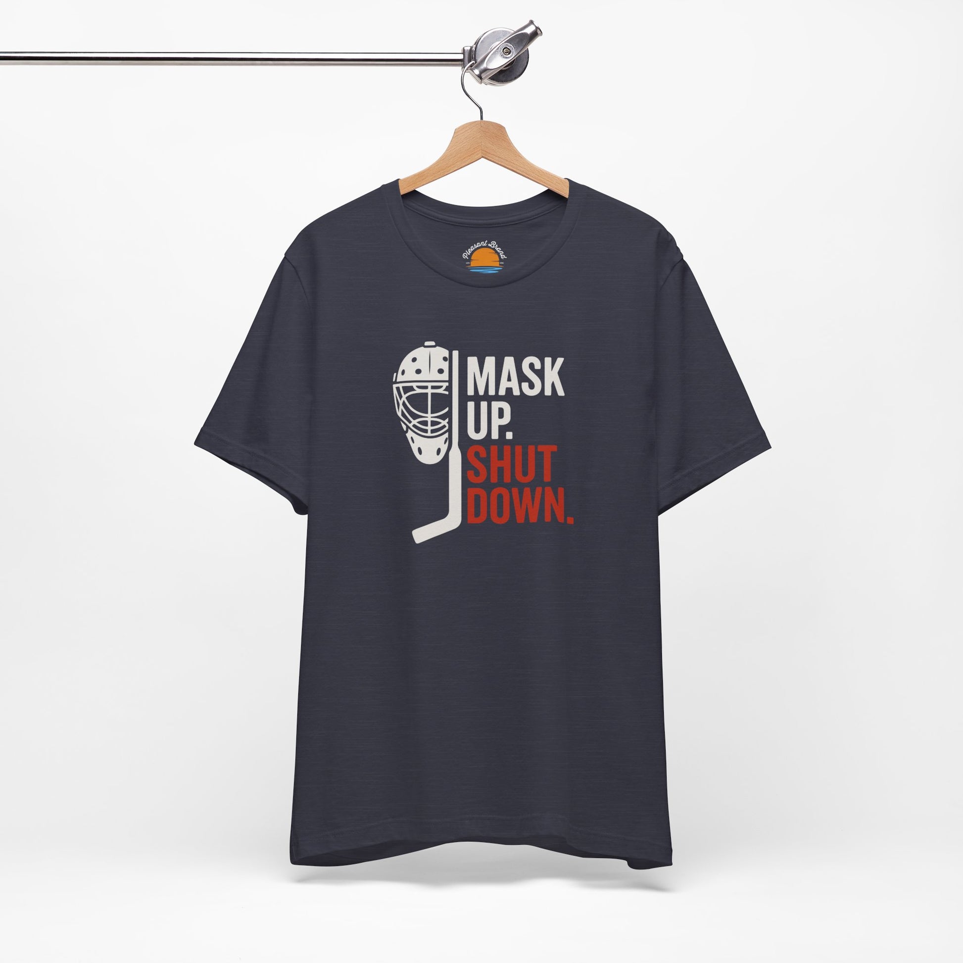 Heather midnight navy t-shirt with Mask Up Shut Down text with goalie mask design on a white background