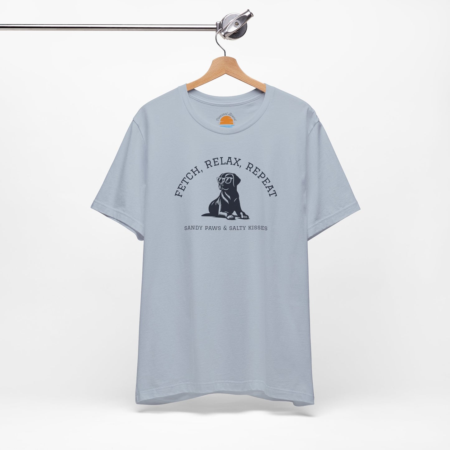 Light blue Lab in Shades T-Shirt with a dog graphic and text Fetch, Relax, Repeat on a hanger against a white background