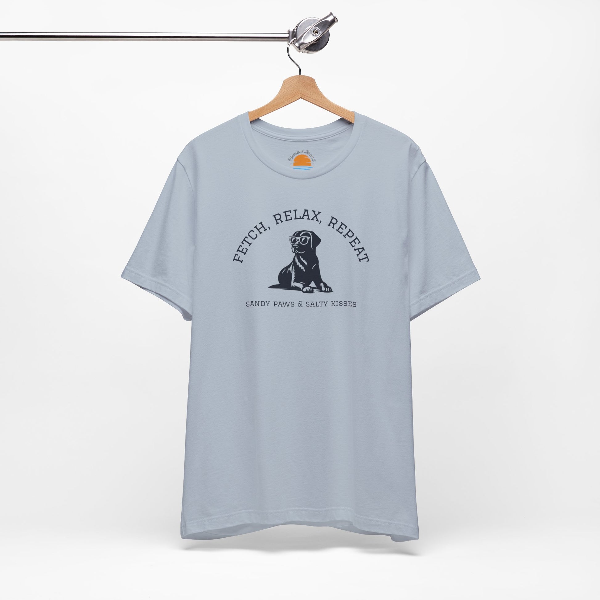 Light blue Lab in Shades T-Shirt with a dog graphic and text Fetch, Relax, Repeat on a hanger against a white background