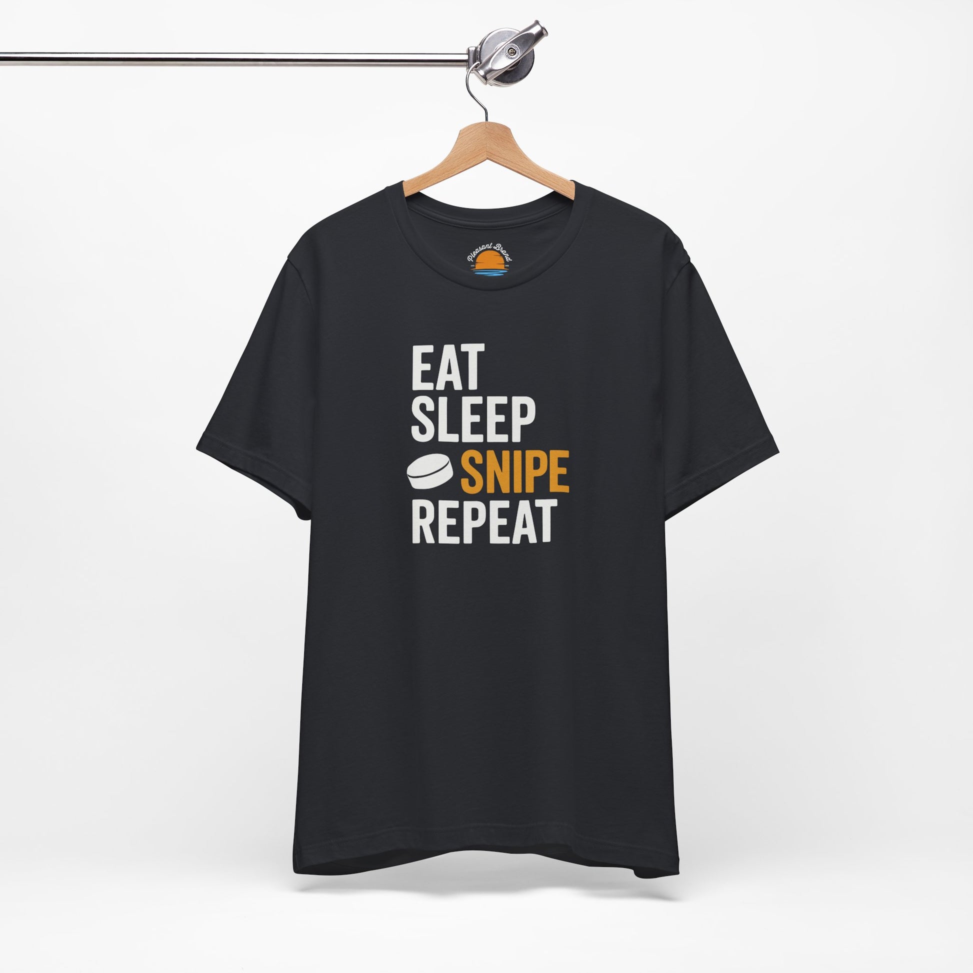 Vintage black t-shirt with 'Eat Sleep Snipe Repeat' text on a hanger against a white background