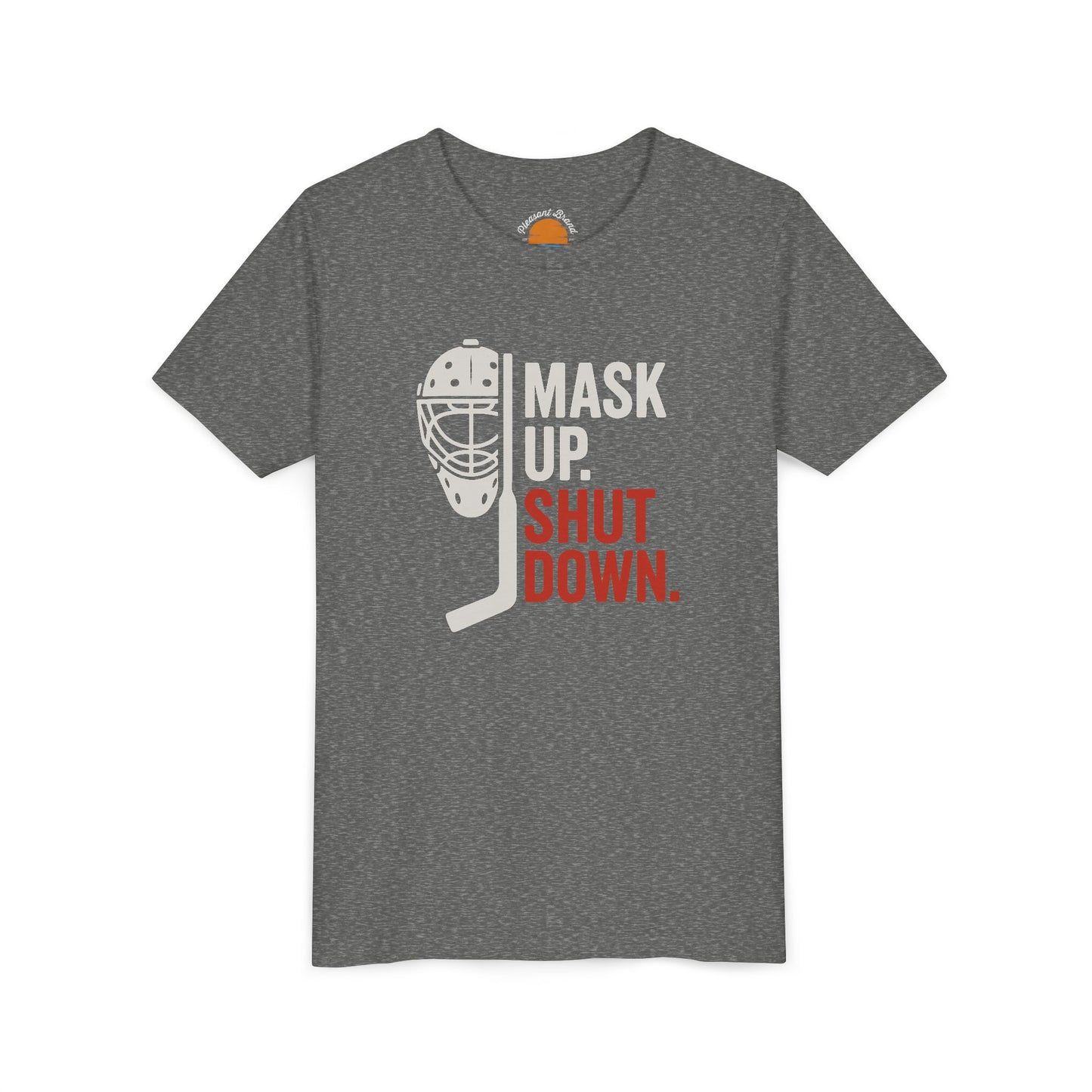 Deep heather t-shirt with a graphic of a hockey mask and text 'MASK UP. SHUT DOWN.' on a white background