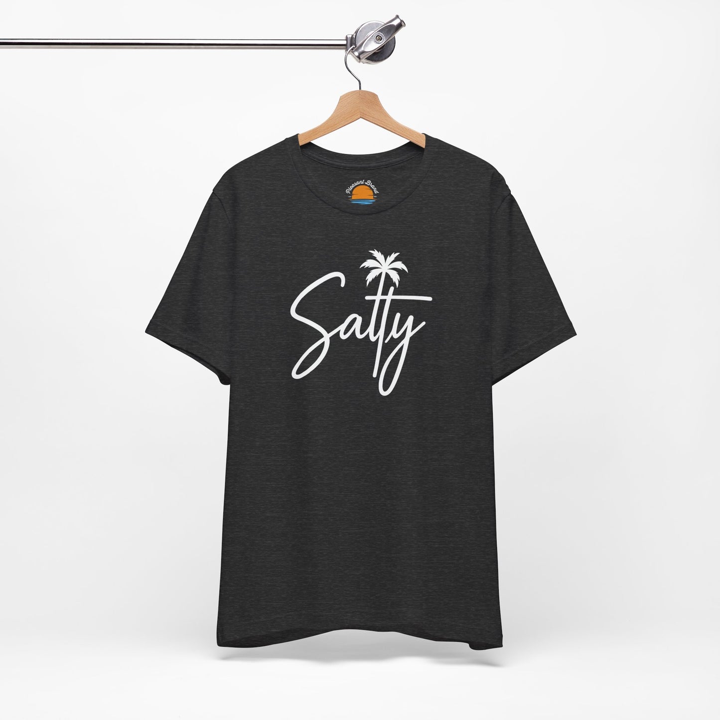 Dark grey heather t-shirt with 'Salty' and a palm tree graphic on a hanger against a white background