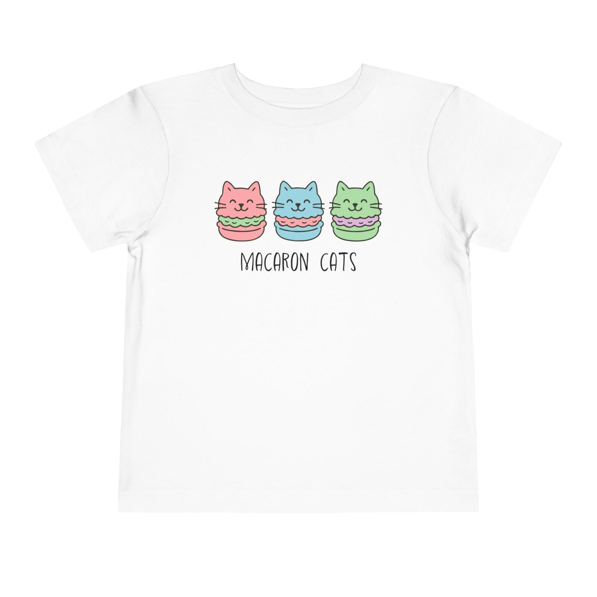 White t-shirt with 'Macaron Cats' design on a white background