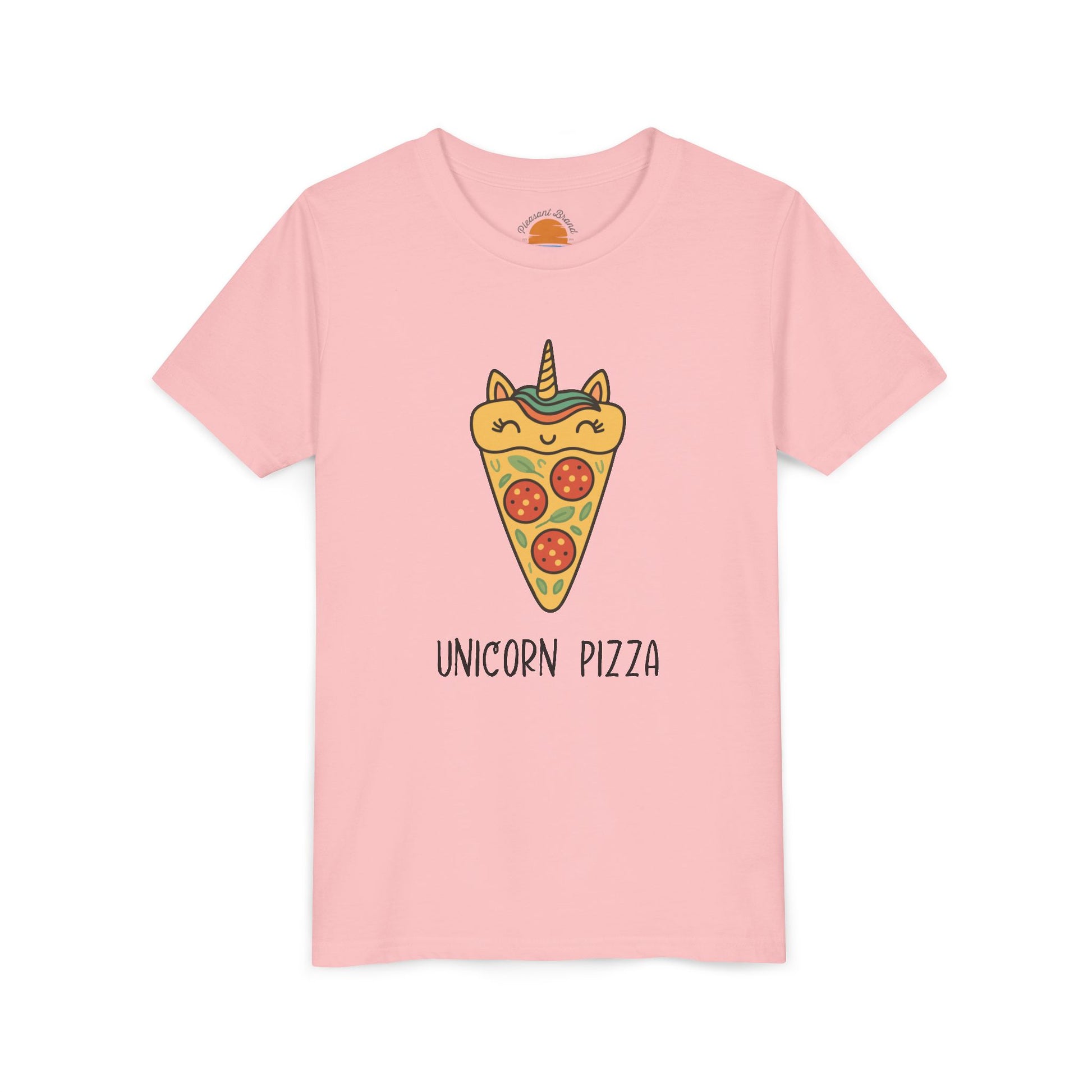 Pink t-shirt with a unicorn pizza design on a white background