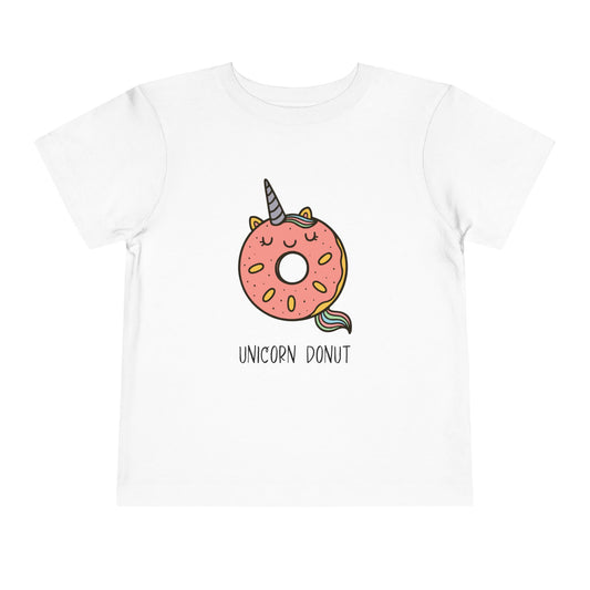 White t-shirt with a colorful unicorn donut design on a white background
