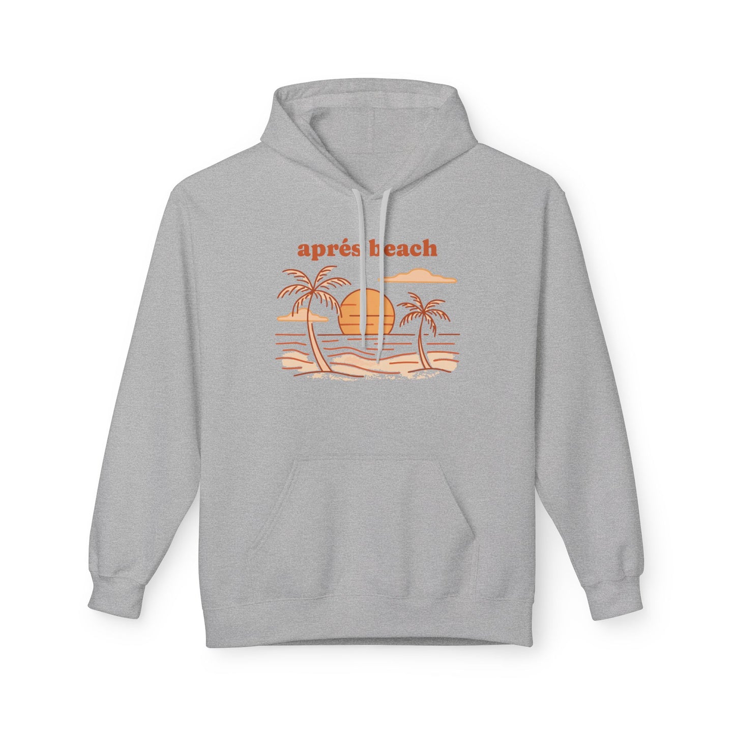 A light gray pullover hoodie with a retro-style beach graphic on the chest. The graphic features the text 'après beach' in orange above a simple illustration of palm trees, a yellow-orange sun, and a sandy beach with blue ocean lines.