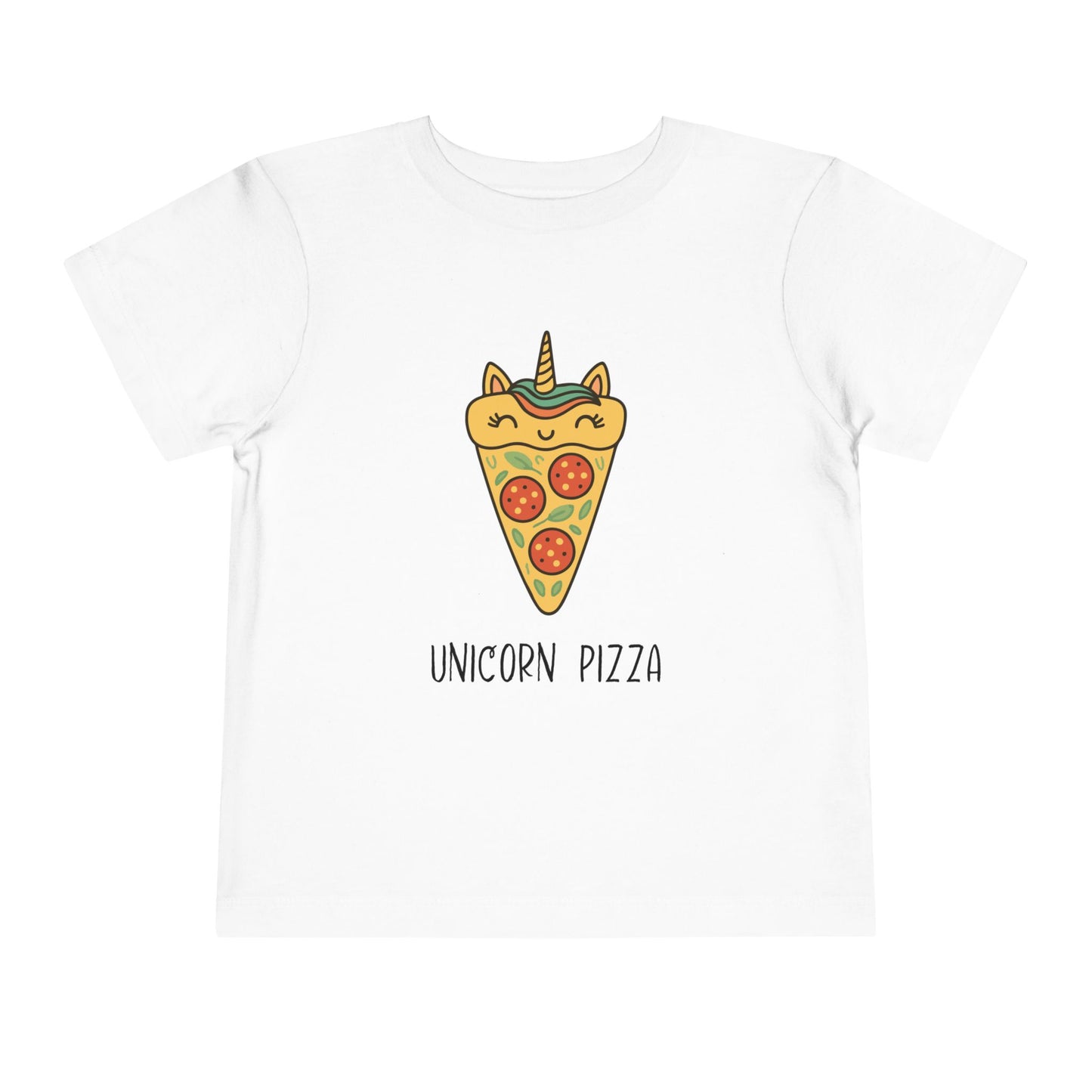 White t-shirt with a unicorn pizza design on a white background
