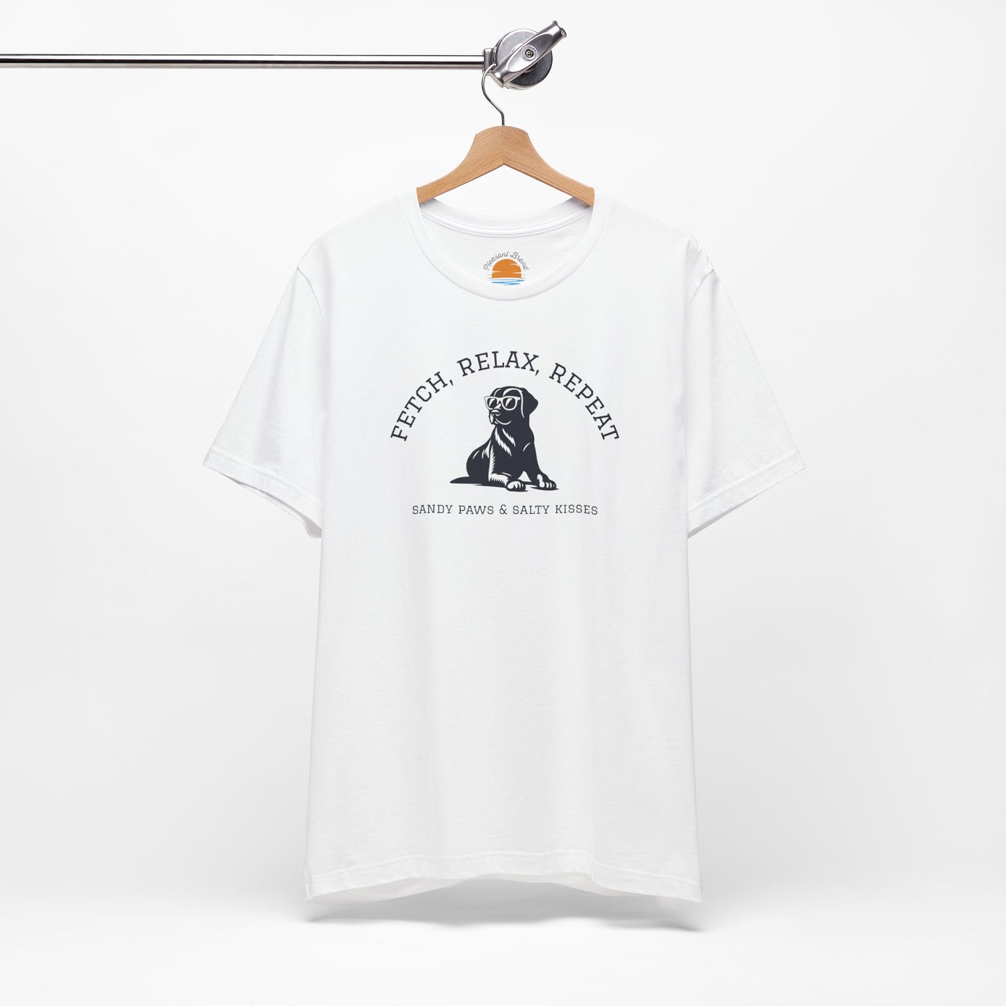 White Lab in Shades T-Shirt with a dog graphic and text Fetch, Relax, Repeat on a hanger against a white background