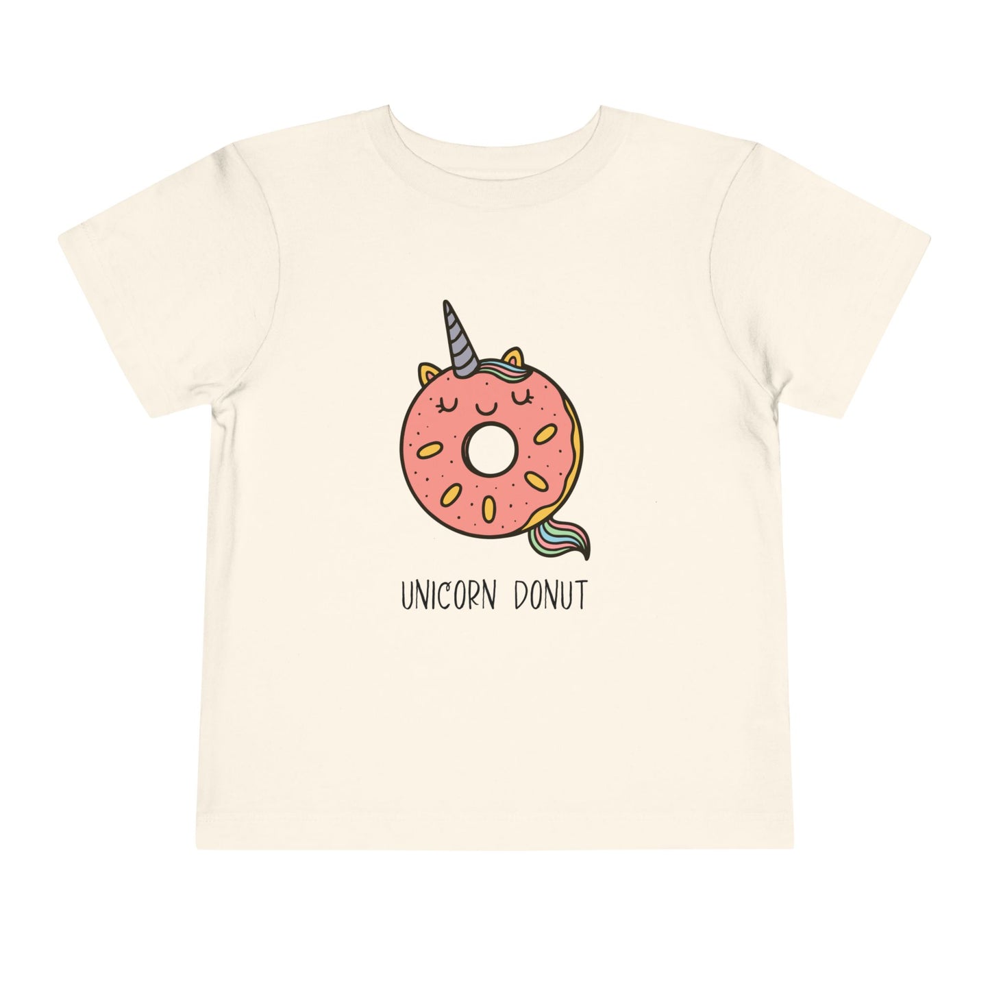 Beige t-shirt with a unicorn donut design on a white background