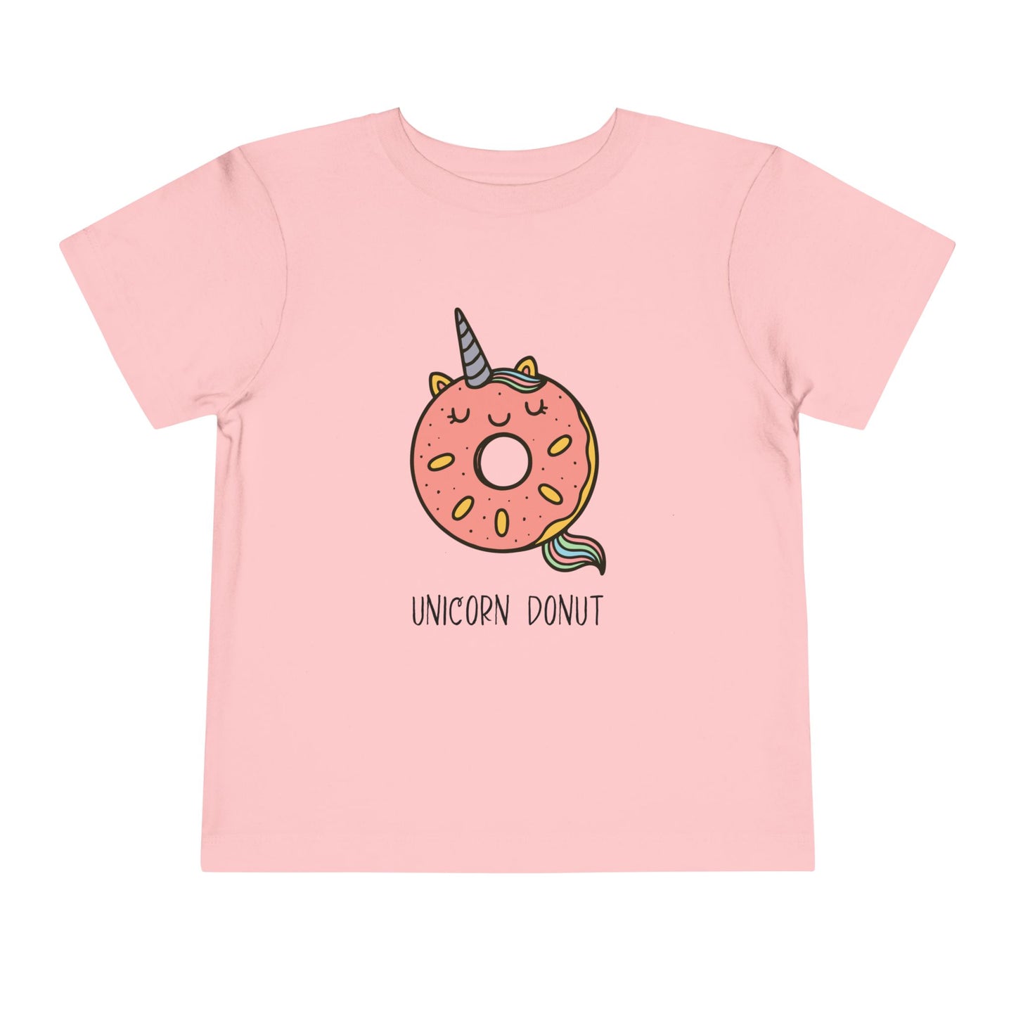 Pink t-shirt with a unicorn donut design on a white background