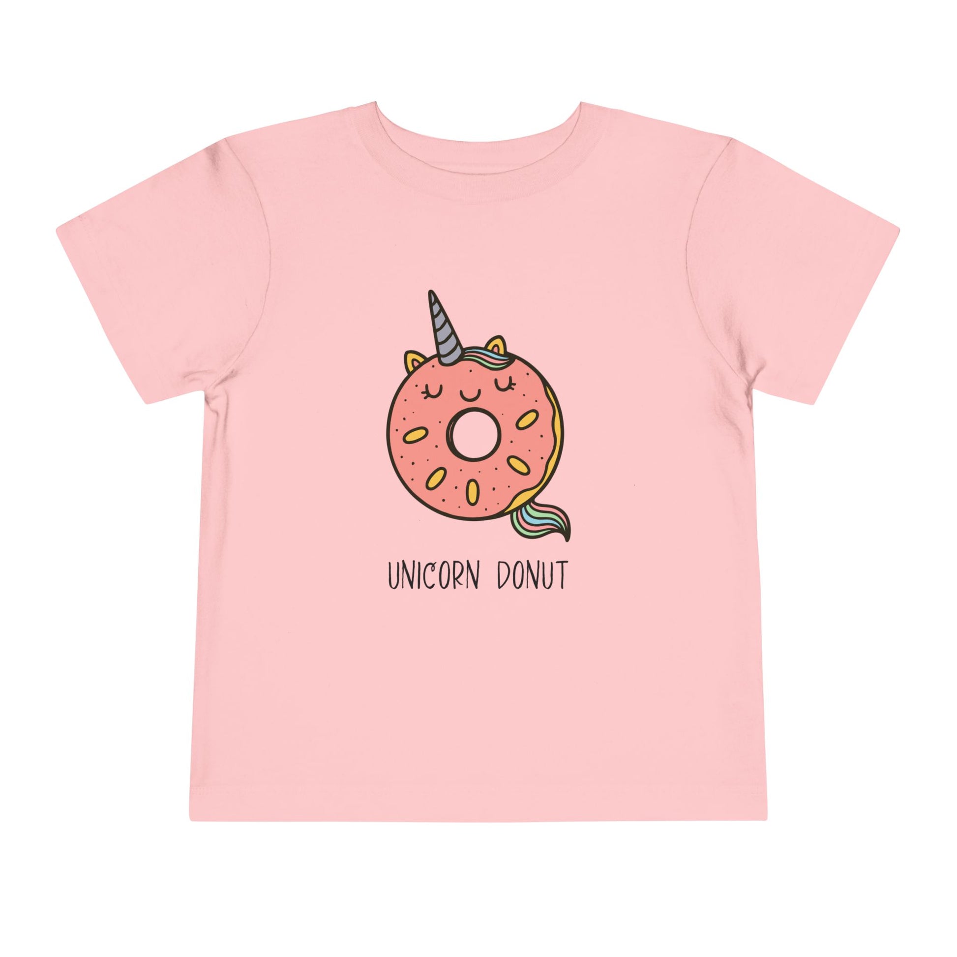 Pink t-shirt with a unicorn donut design on a white background