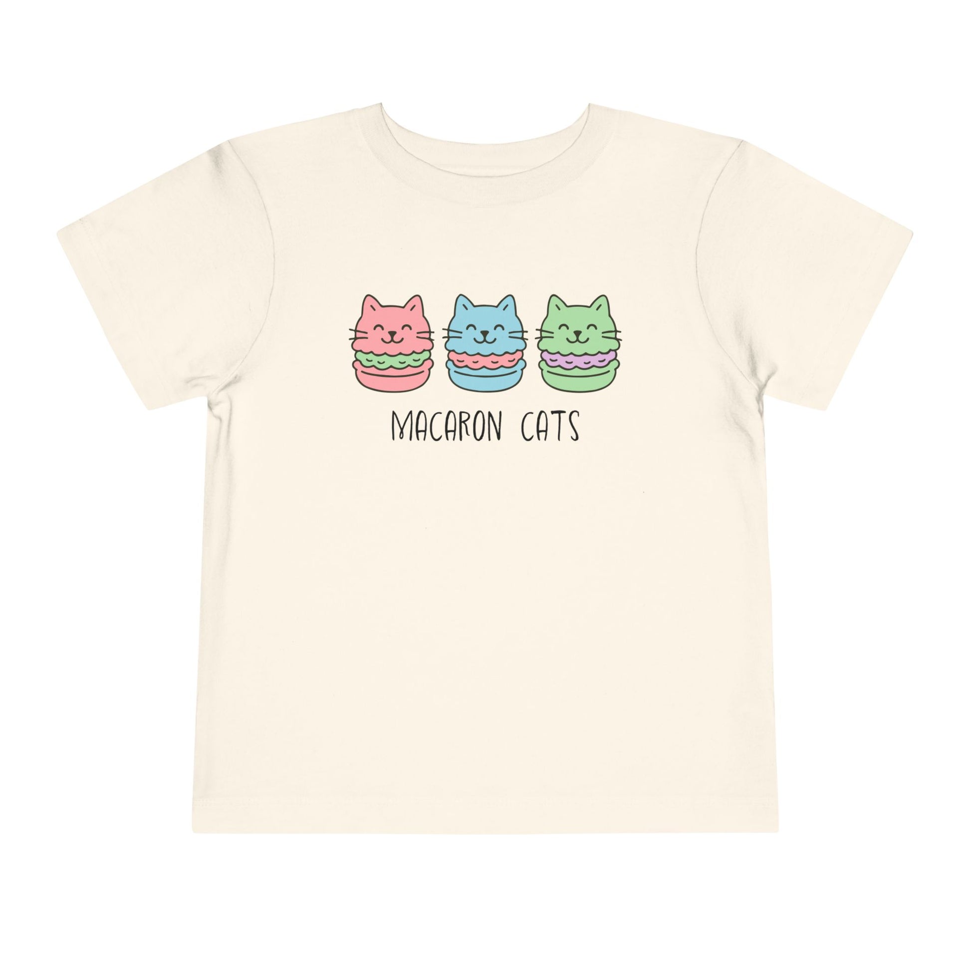 Beige t-shirt with 'Macaron Cats' design on a white background