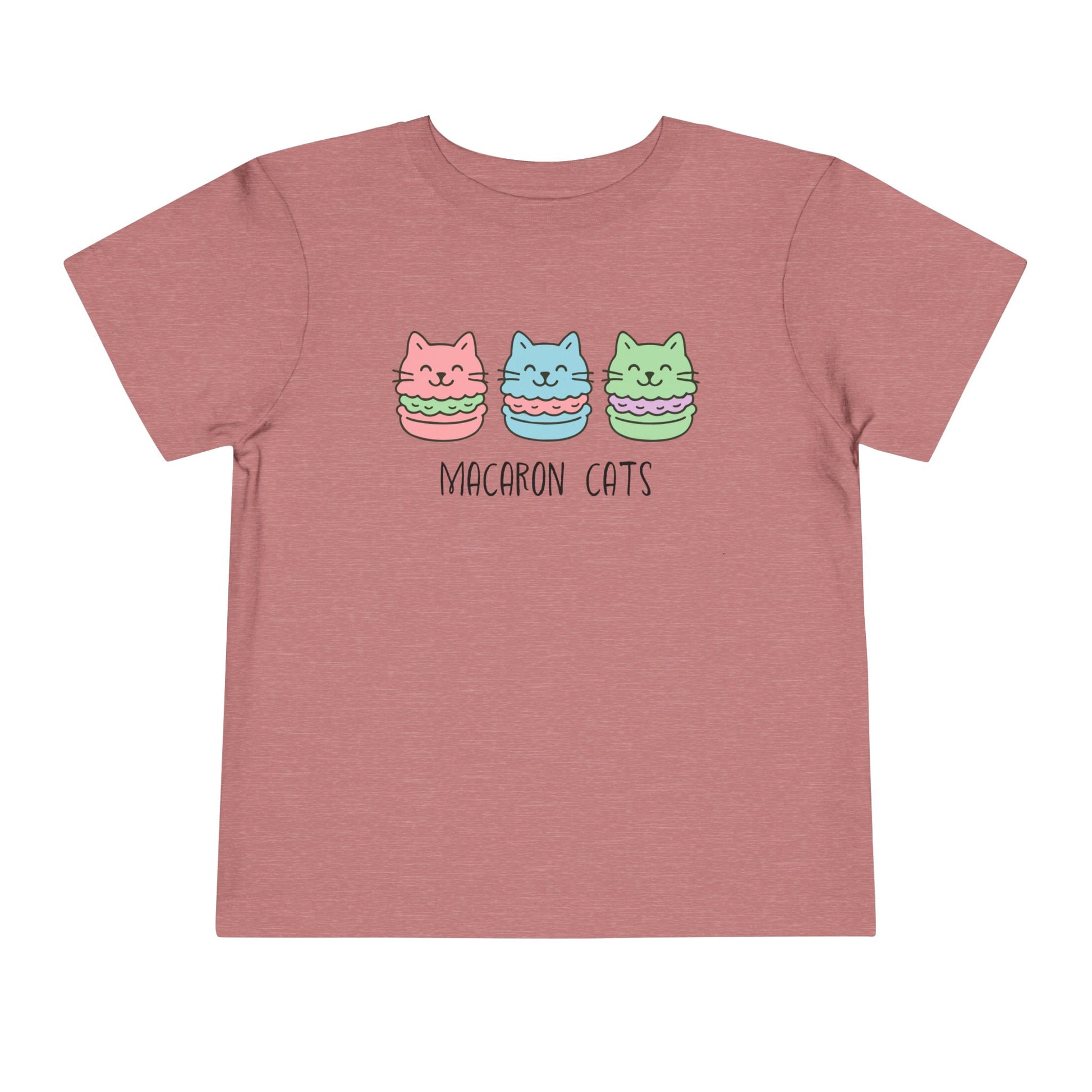 Heather mauve t-shirt with cartoon macaron cats design on a white background
