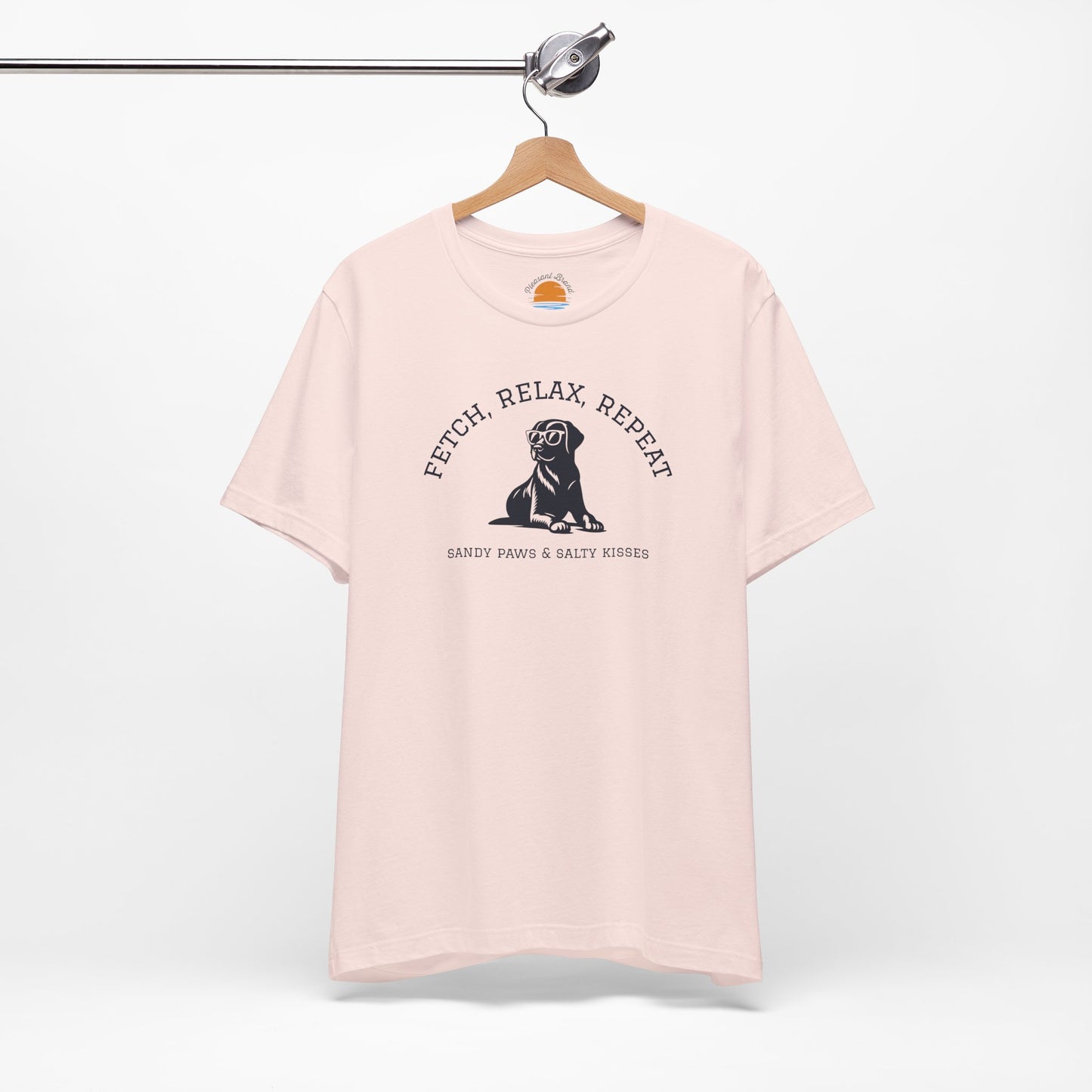 Pink Lab in Shades T-Shirt with a dog graphic and text Fetch, Relax, Repeat on a hanger against a white background