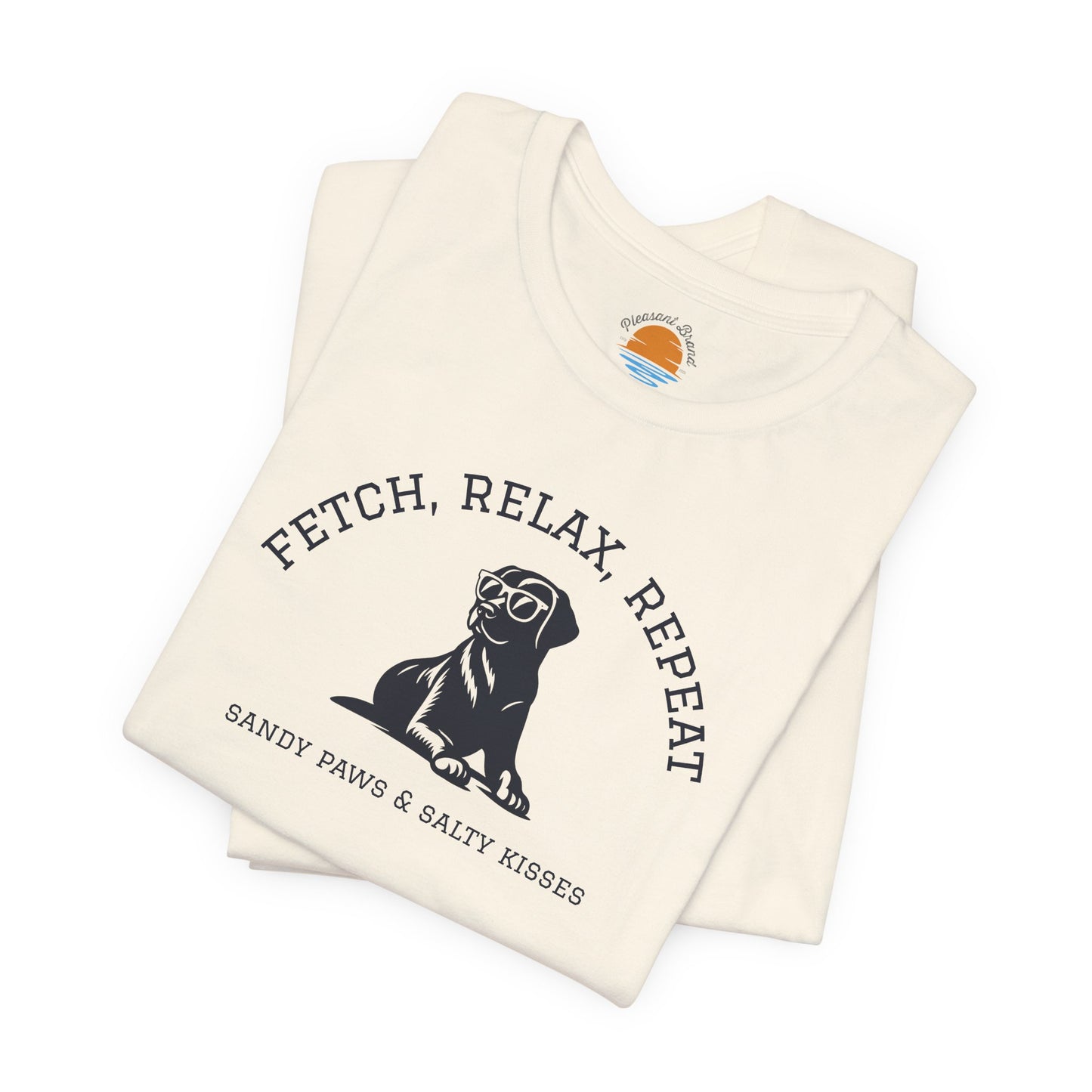 Folded t-shirt with a dog graphic and text on a white background