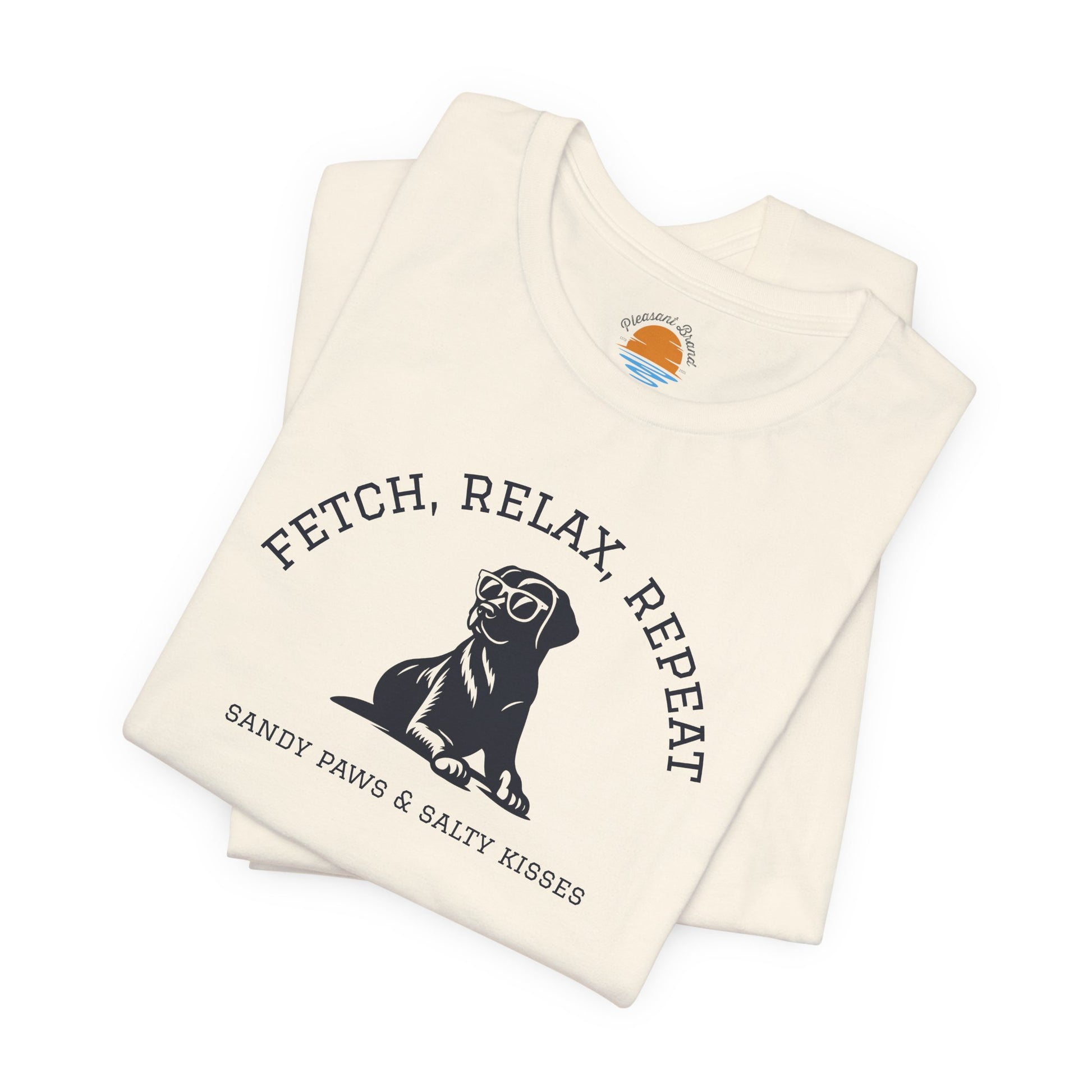 Folded t-shirt with a dog graphic and text on a white background