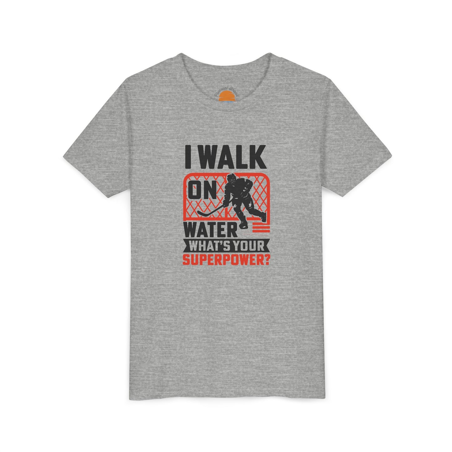 Athletic heather t-shirt with graphic design and text Walk On Water Youth T-Shirt  on a white background