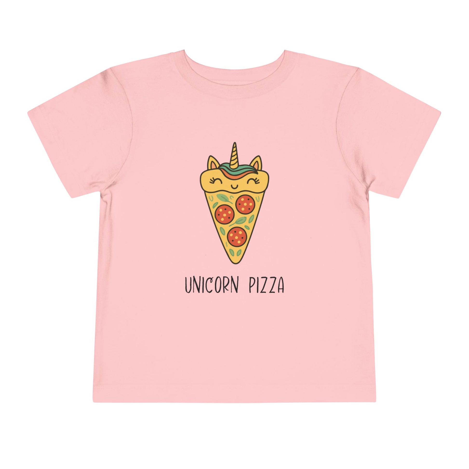 Pink t-shirt with a unicorn pizza design on a white background