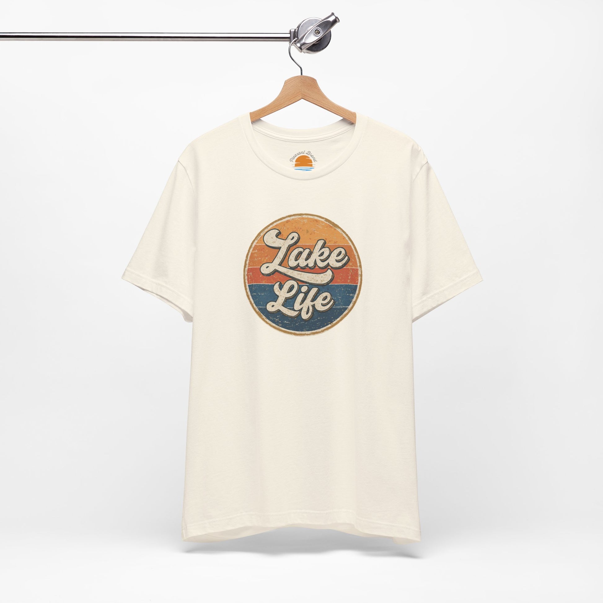 White t-shirt with 'Lake Life' graphic on a hanger against a white background