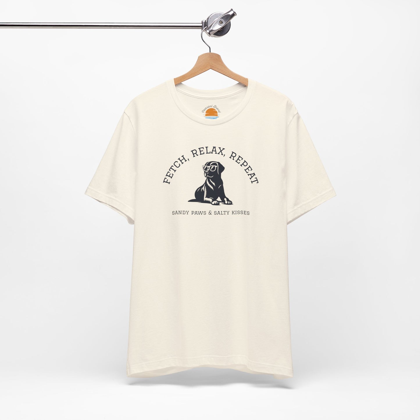 Beige Lab in Shades T-Shirt with a dog graphic and text Fetch, Relax, Repeat on a hanger against a white background