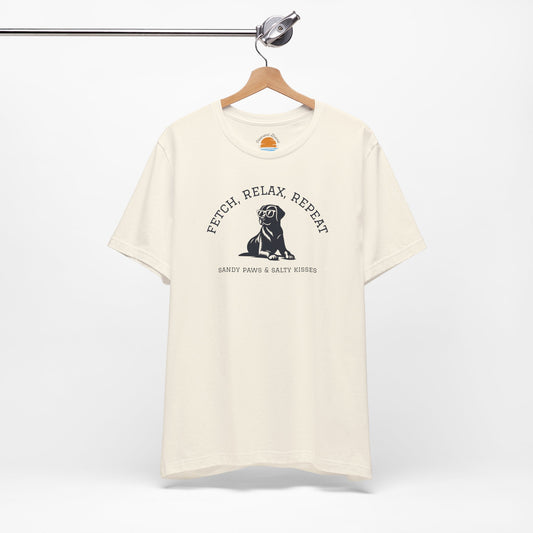 Beige Lab in Shades T-Shirt with a dog graphic and text Fetch, Relax, Repeat on a hanger against a white background