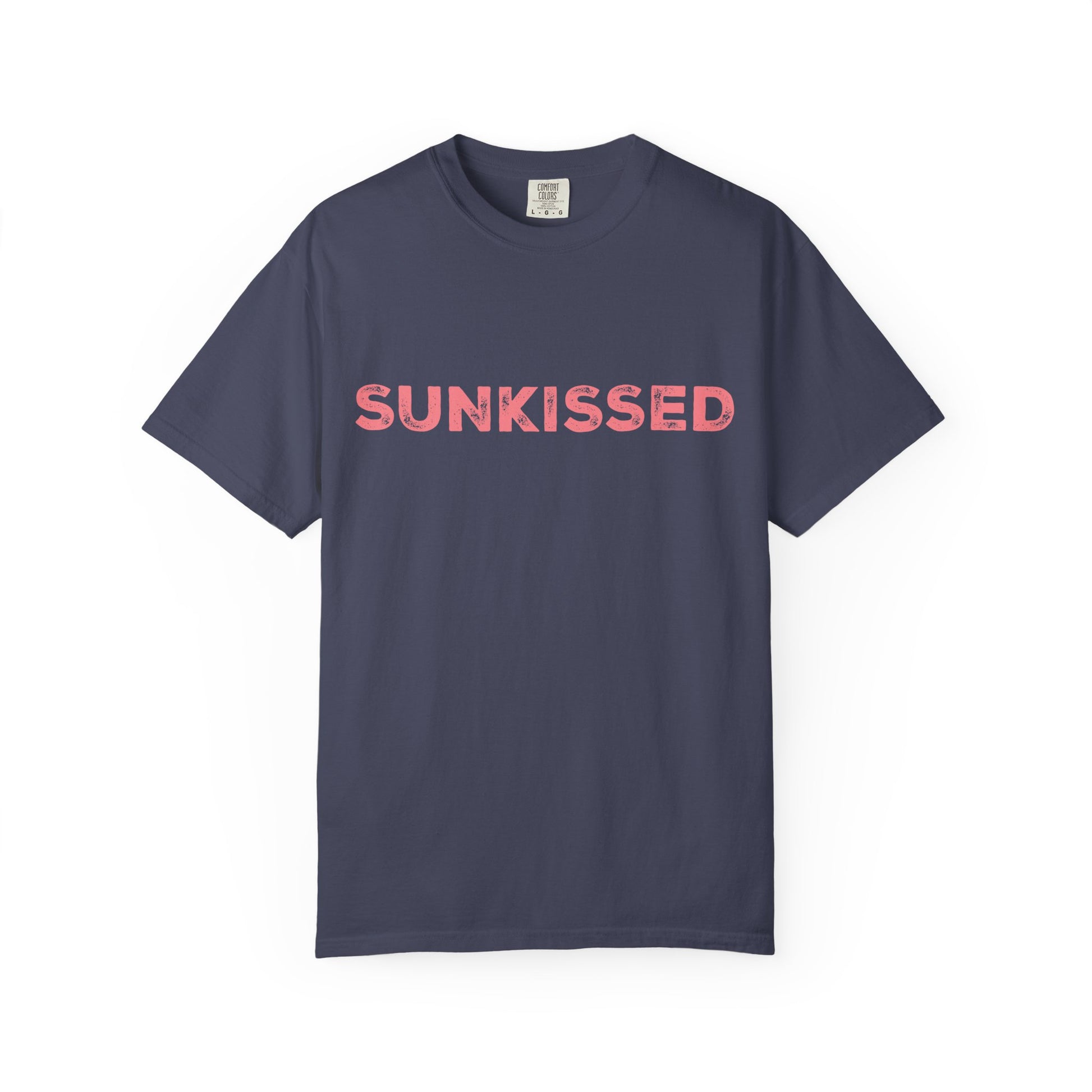 Denim color Comfort Colors T-shirt with 'Sunkissed'  text in pink on a white background