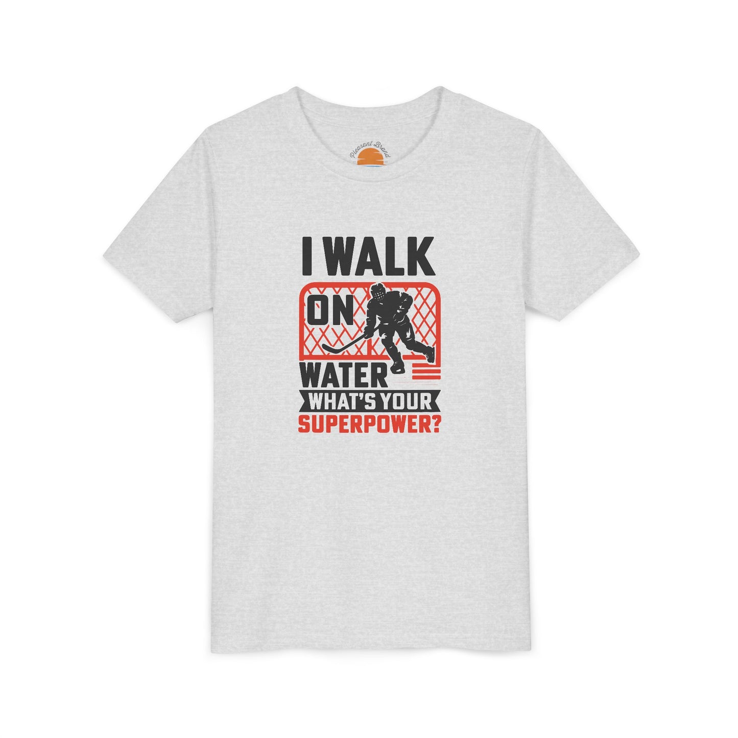 Ash t-shirt with graphic design and text Walk On Water Youth T-Shirt  on a white background