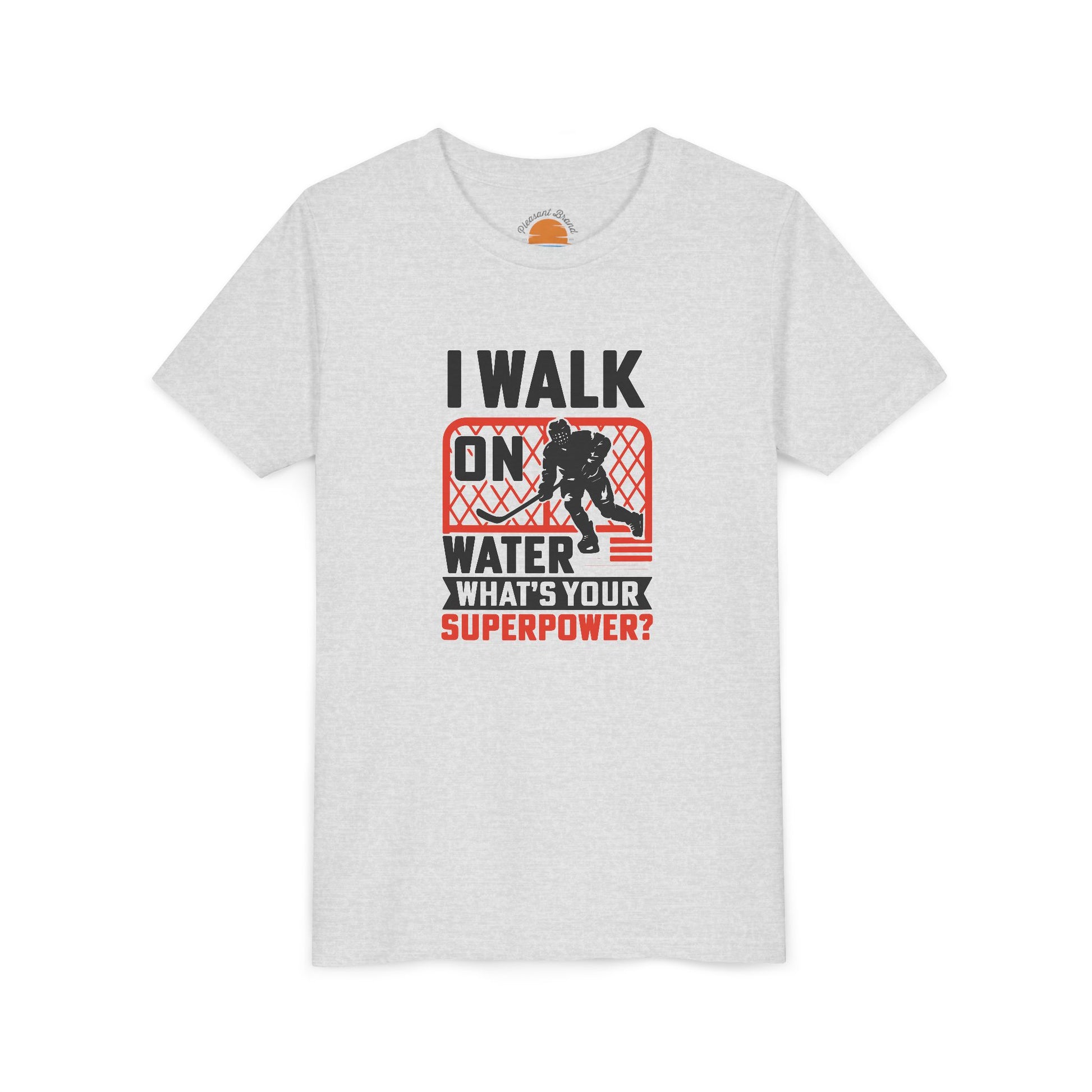 Ash t-shirt with graphic design and text Walk On Water Youth T-Shirt  on a white background