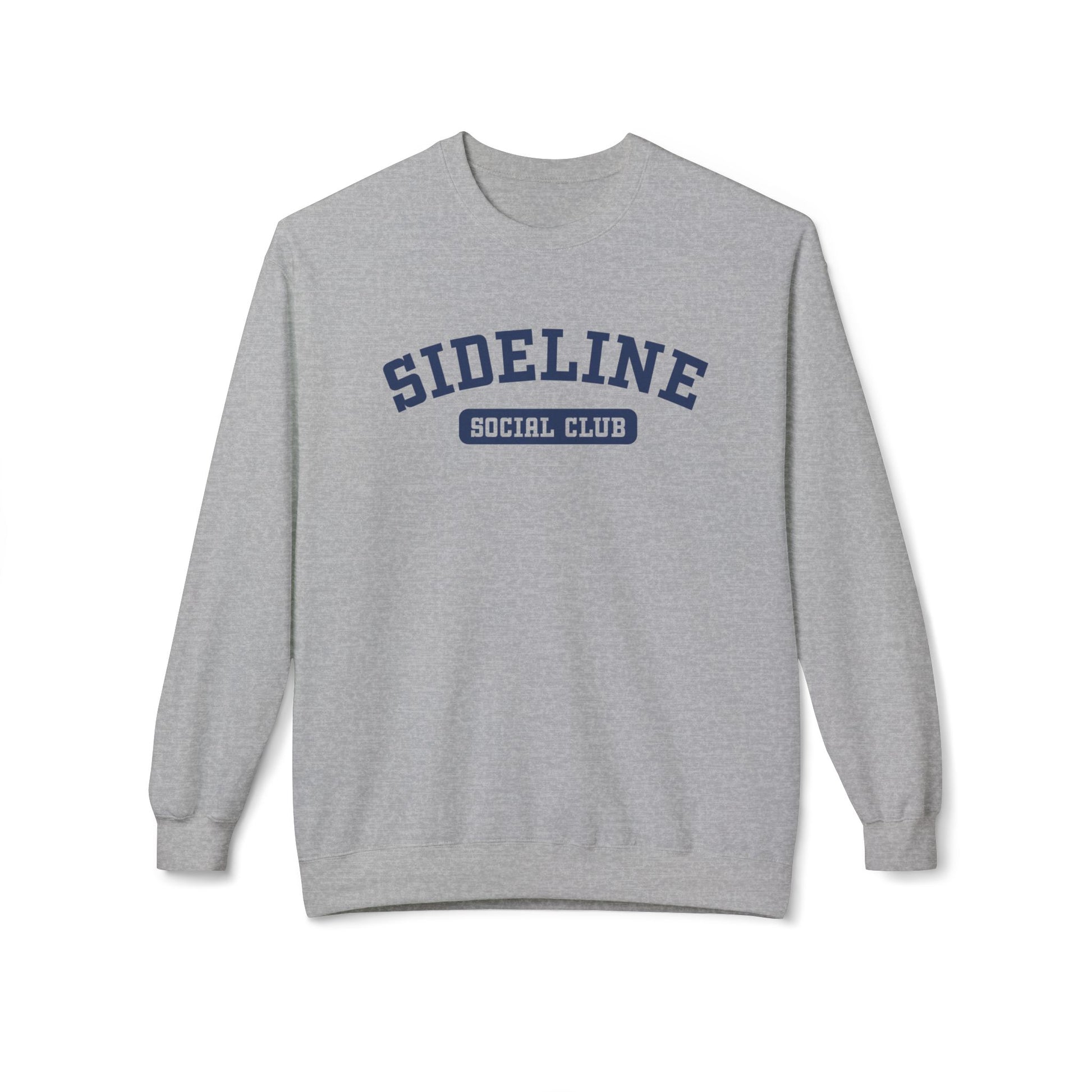 A sport grey crewneck sweatshirt with 'SIDELINE SOCIAL CLUB' printed in navy blue on the chest, displayed against a clean white background.