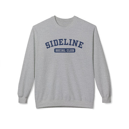 A sport grey crewneck sweatshirt with 'SIDELINE SOCIAL CLUB' printed in navy blue on the chest, displayed against a clean white background.