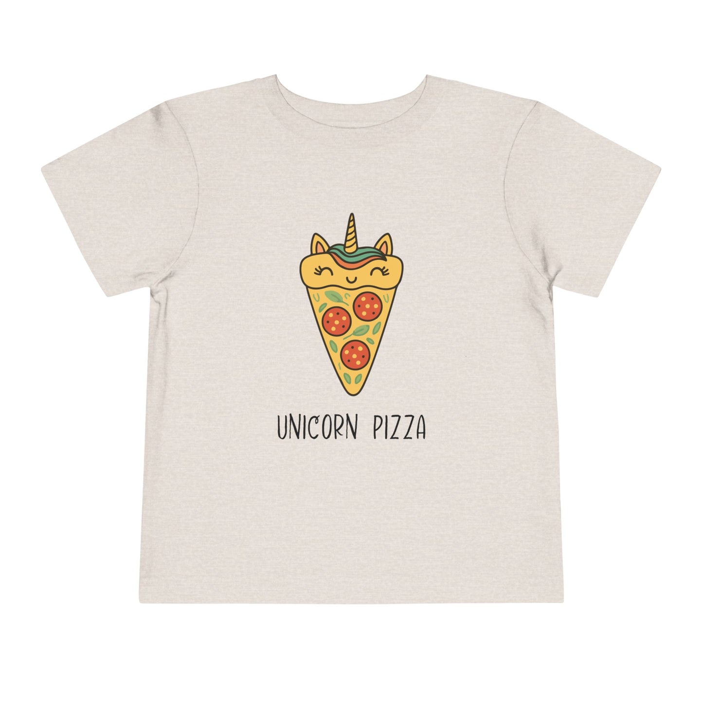 Beige t-shirt with a unicorn pizza design on a white background