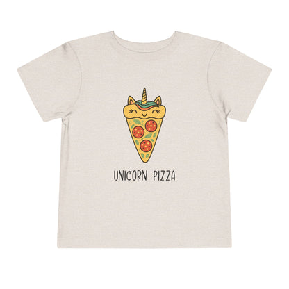 Beige t-shirt with a unicorn pizza design on a white background