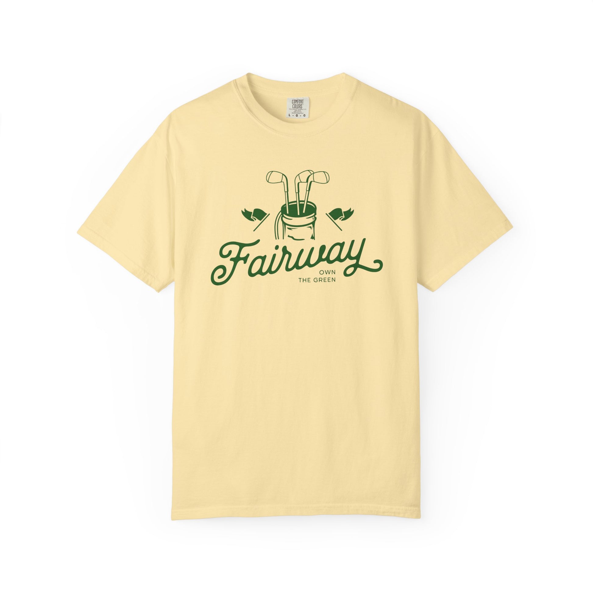 Yellow t-shirt with 'Fairway' logo on a white background