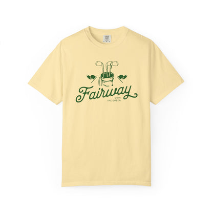 Yellow t-shirt with 'Fairway' logo on a white background