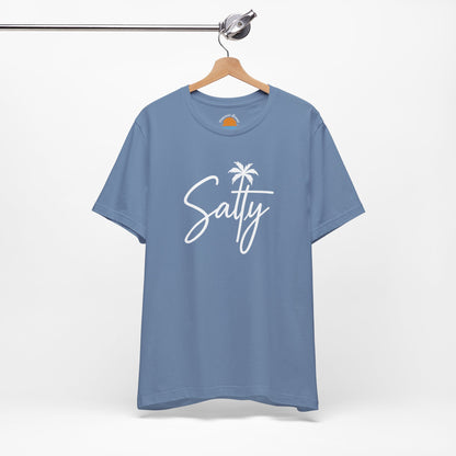 Blue t-shirt with 'Salty' and a palm tree graphic on a hanger against a white background