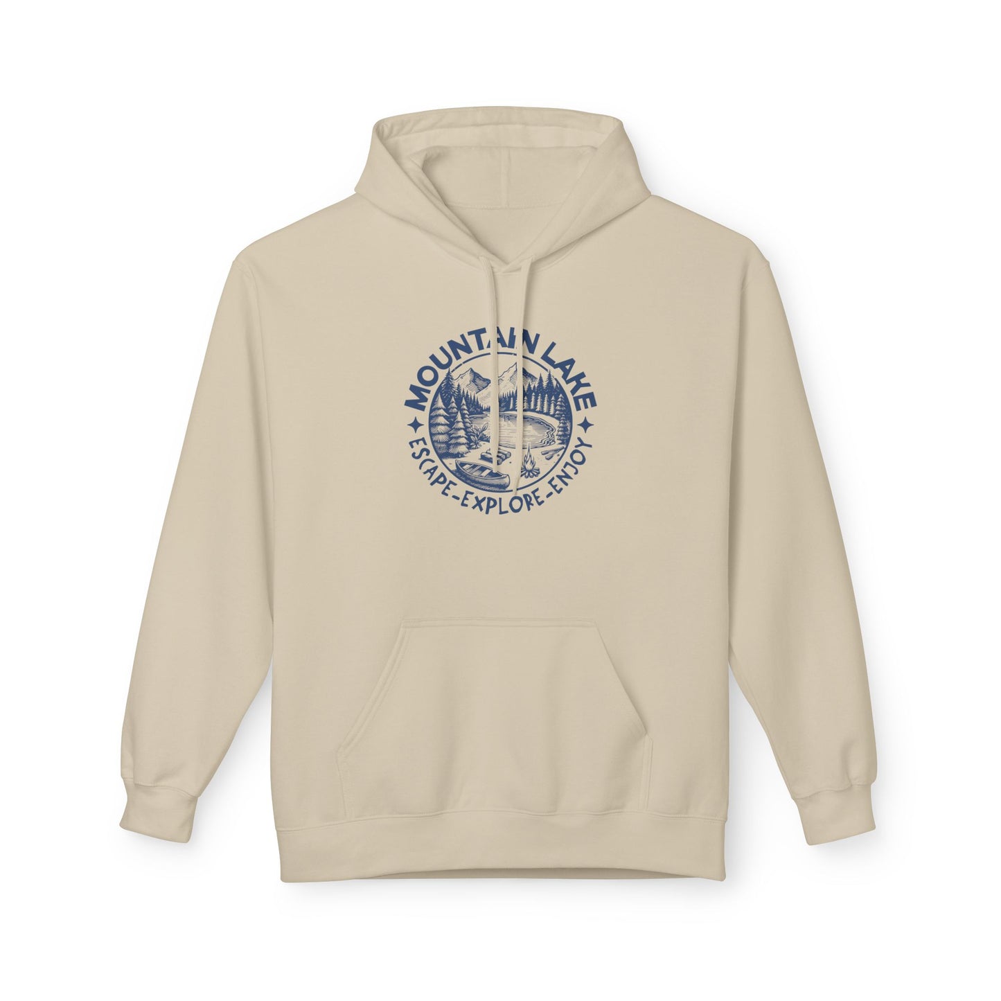 A light beige pullover hoodie with a dark blue circular 'Mountain Lake Escape Explore Enjoy' graphic printed on the chest, displayed on a clean white background.