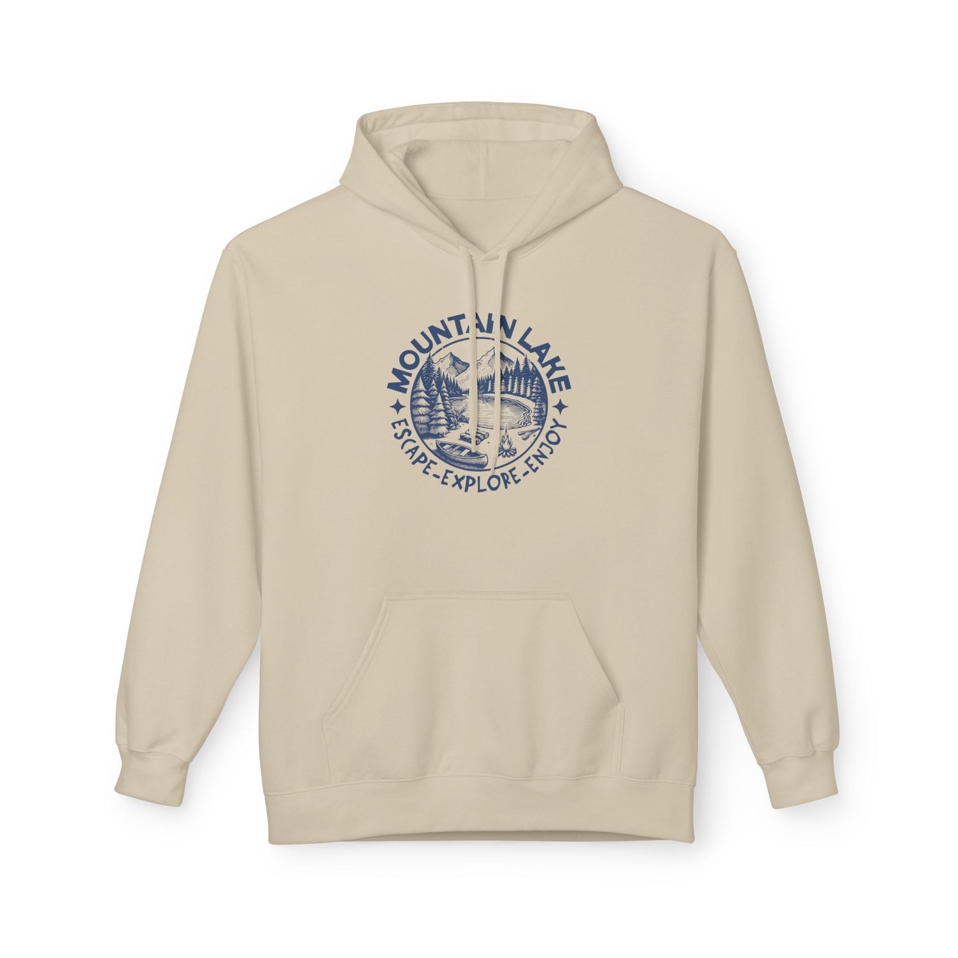 A light beige pullover hoodie with a dark blue circular 'Mountain Lake Escape Explore Enjoy' graphic printed on the chest, displayed on a clean white background.